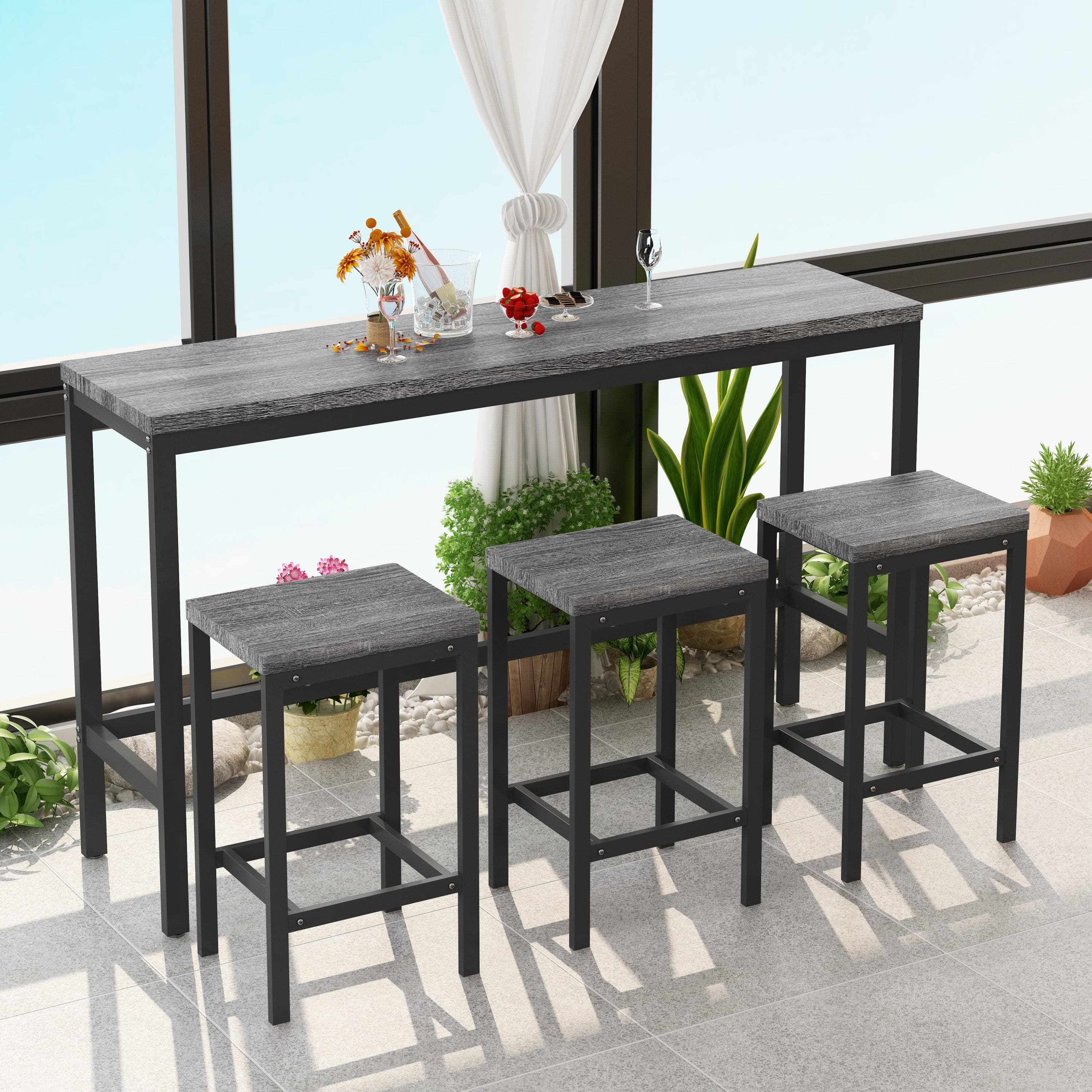 Modern Design Kitchen Dining Table, Pub Table, Long Dining Table Set with 3 Stools, Easy Assembly, Gray (Same SKU:W75753845)