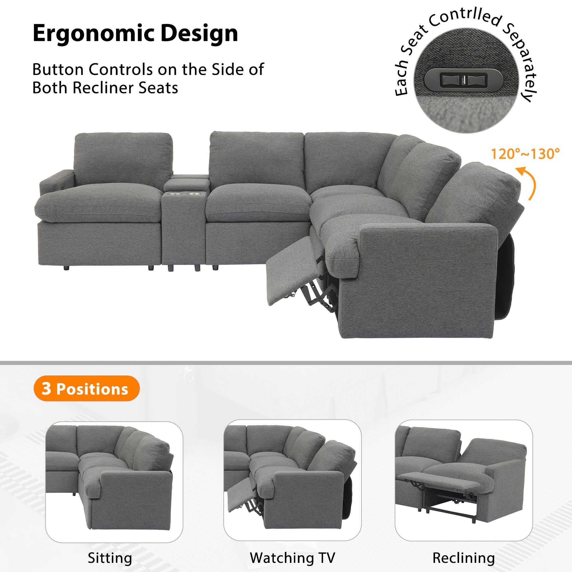 104'' Power Recliner Corner Sofa Home Theater Reclining Sofa Sectional Couches with Storage Box, Cup Holders, USB Ports and Power Socket for Living Room, Dark Grey