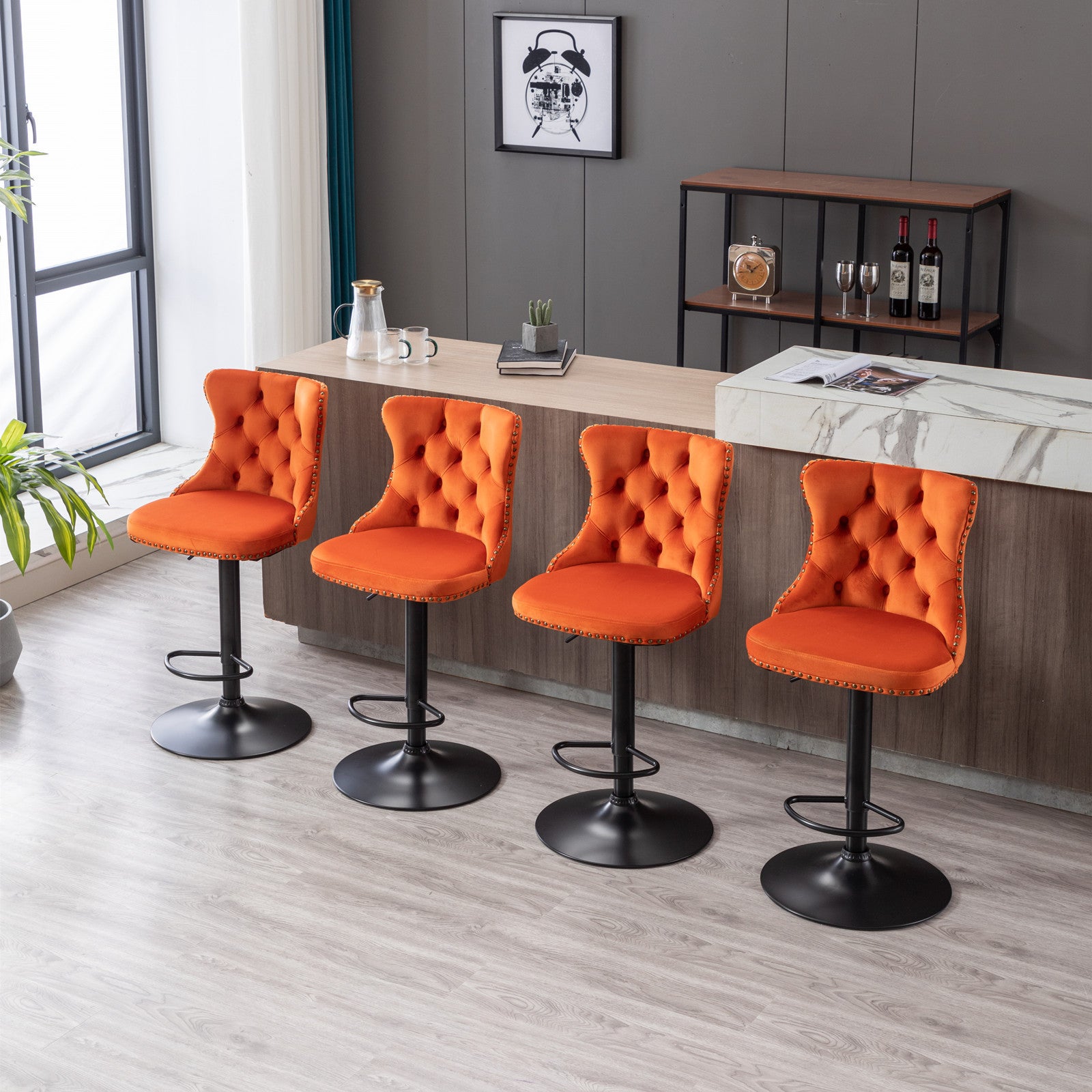 A&A Furniture,Swivel Velvet Barstools Adjusatble Seat Height from 25-33 Inch, Modern Upholstered Bar Stools with Backs Comfortable Tufted for Home Pub and Kitchen Island（Orange,Set of 2）