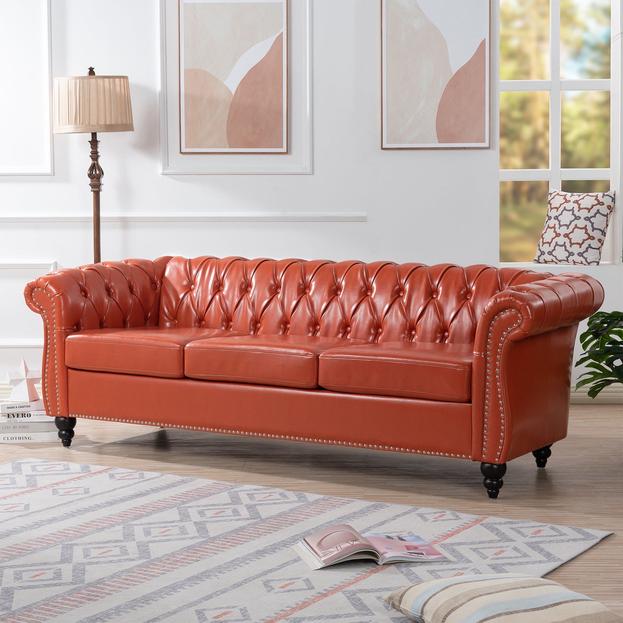 84.65" Rolled Arm Chesterfield 3 Seater Sofa