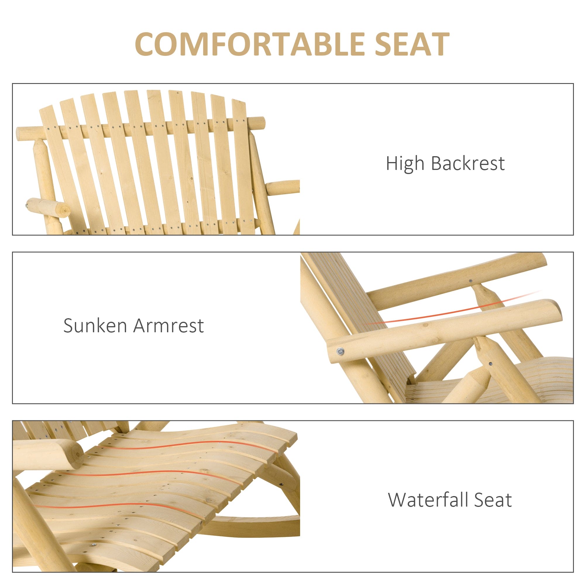 Outsunny Double Wooden Porch Rocking Bench, Adirondack Porch Rocker Chair, Heavy Duty Loveseat for 2 Persons with High Rise Slatted Seat & Backrest, Smooth Armrests, Natural