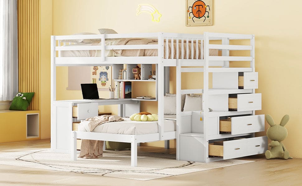 Full Over Twin Bunk Bed with Desk, Drawers and Shelves, White