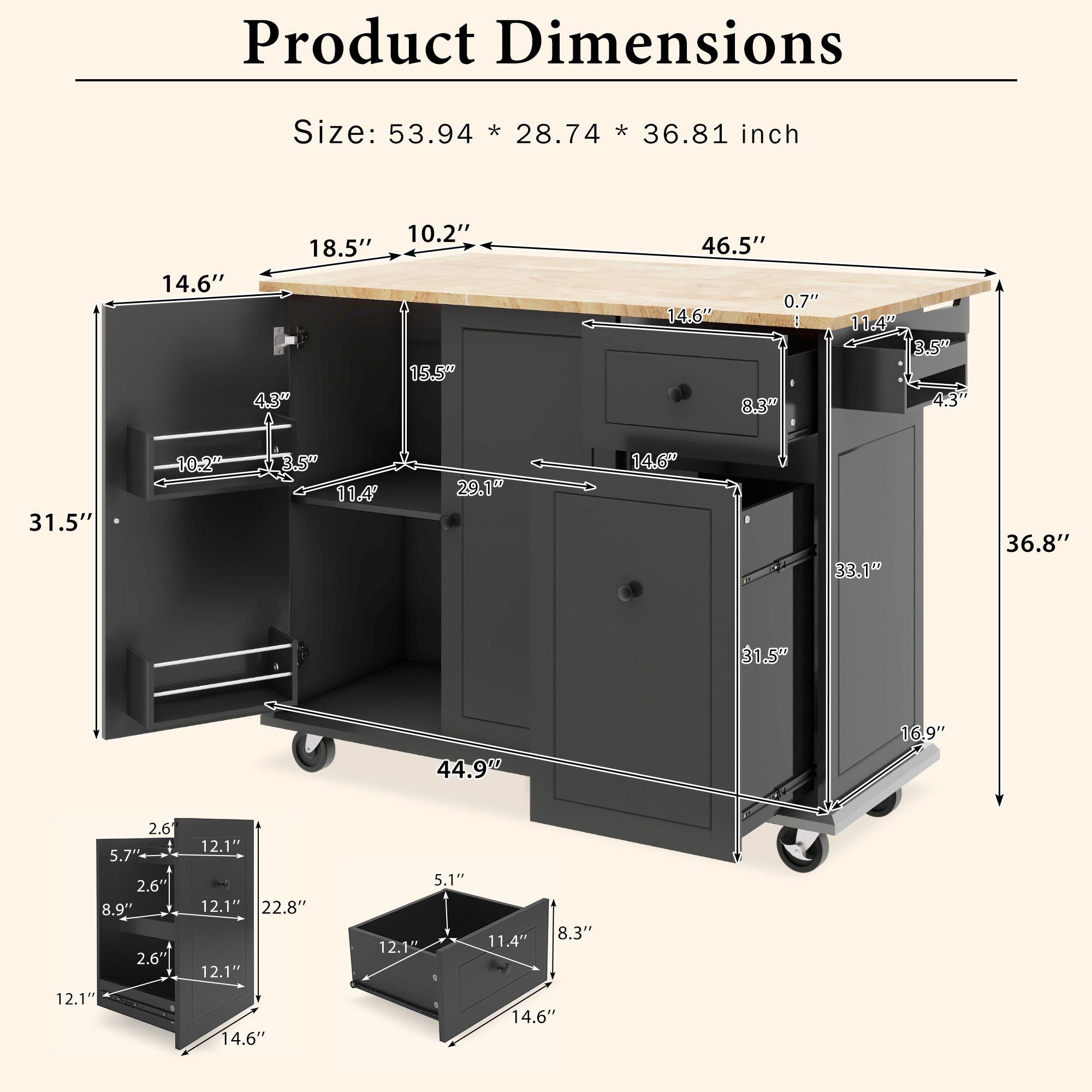 Kitchen Island with Drop Leaf, 53.9" Width Rolling Kitchen Cart on Wheels with Internal Storage Rack and 3 Tier Pull Out Cabinet Organizer, Kitchen Storage Cart with Spice Rack, Towel Rack (Black)