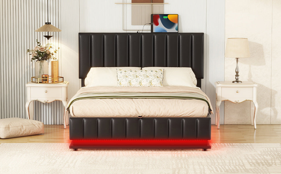 Full Size Upholstered Bed with Hydraulic Storage System and LED Light, Modern Platform Bed with Sockets and USB Ports, Black