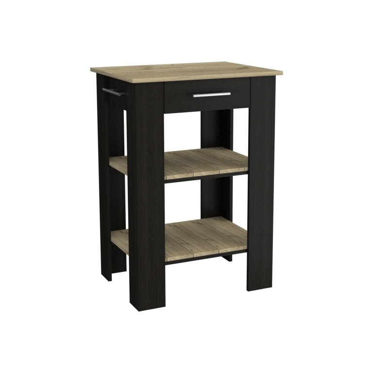 Kitchen Island 23 Inches Dozza with Single Drawer and Two-Tier Shelves, Black Wengue / Light Oak Finish