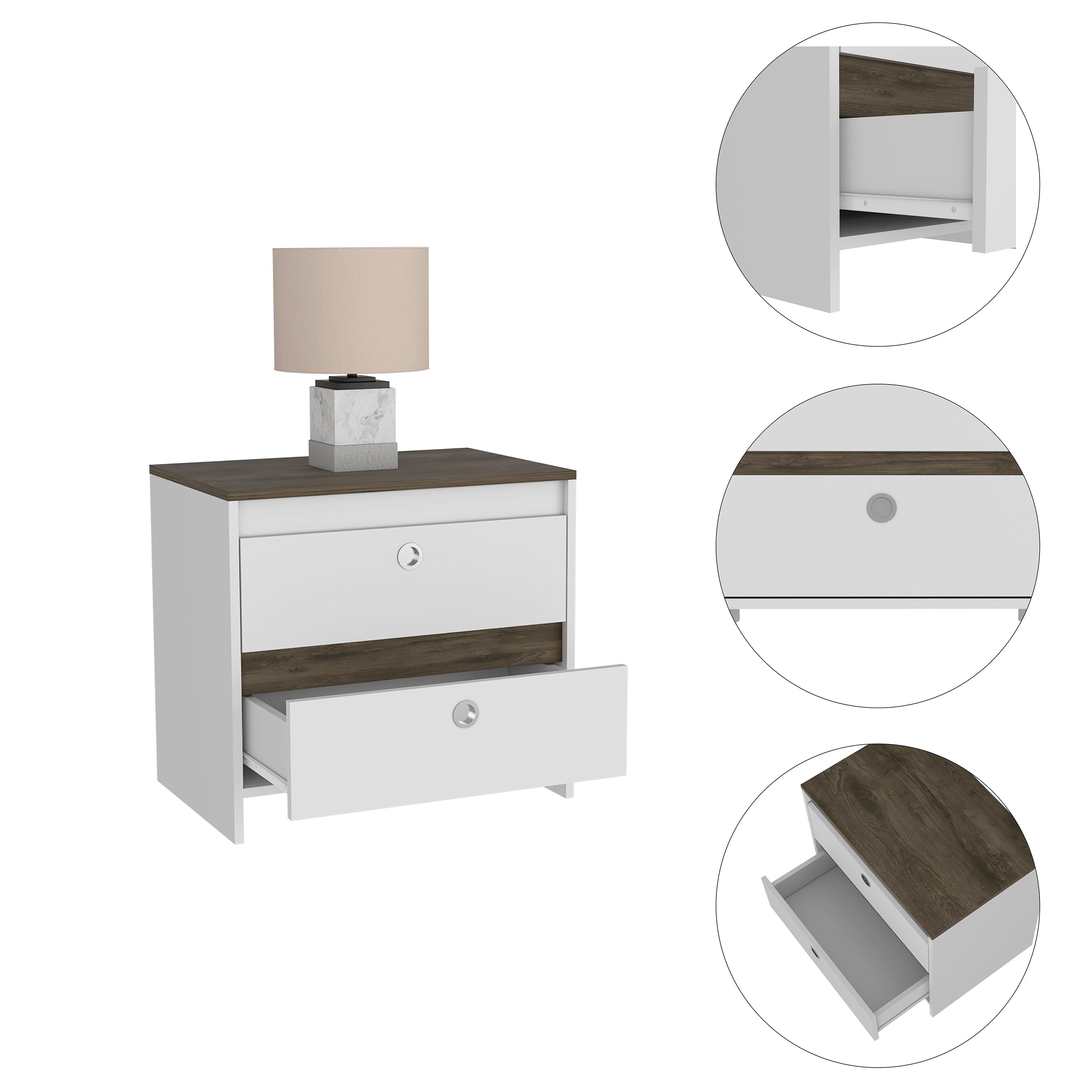 Nightstand Dreams, Two Drawers, White / Dark Brown Finish