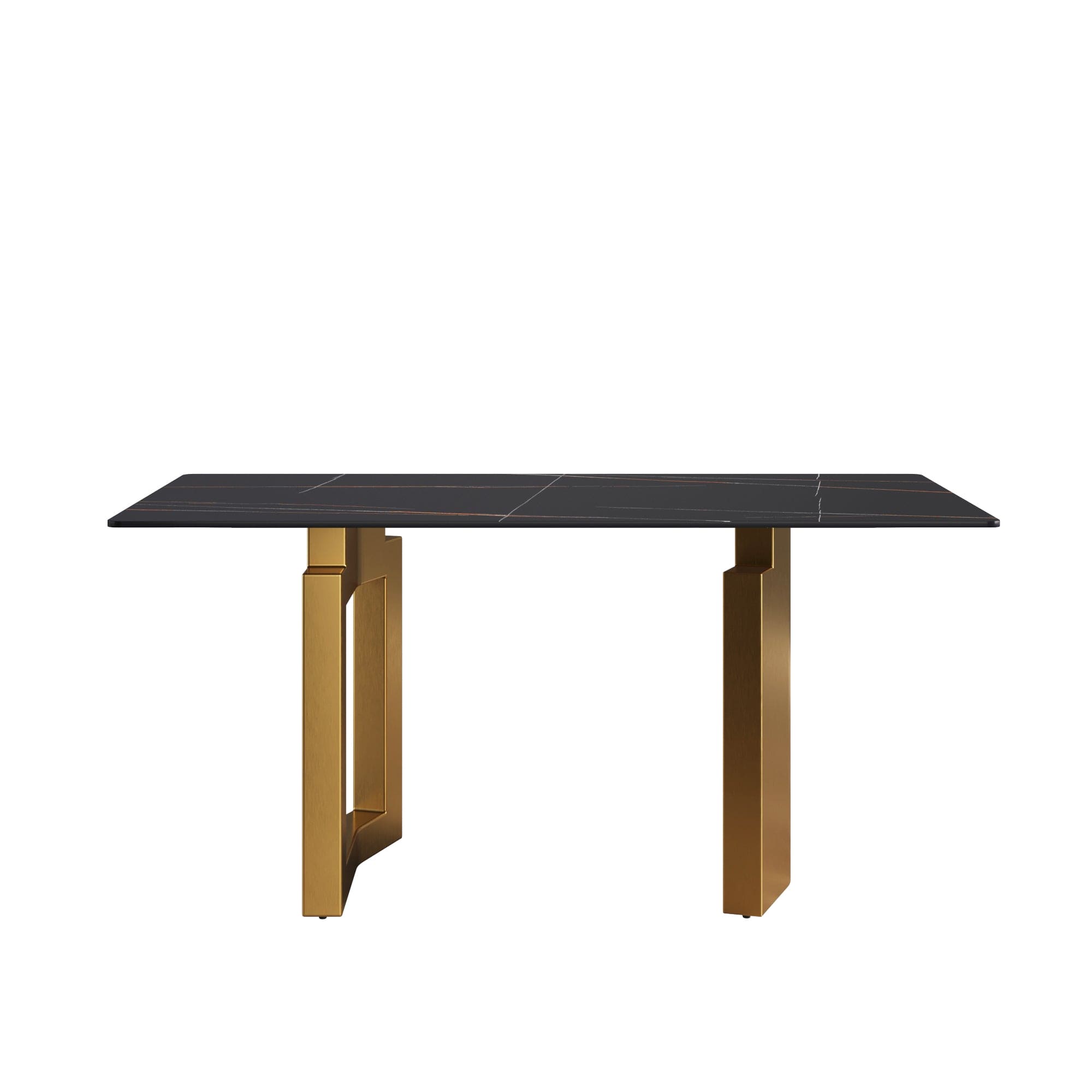 63"Modern artificial stone black straight edge golden metal leg dining table -6 people