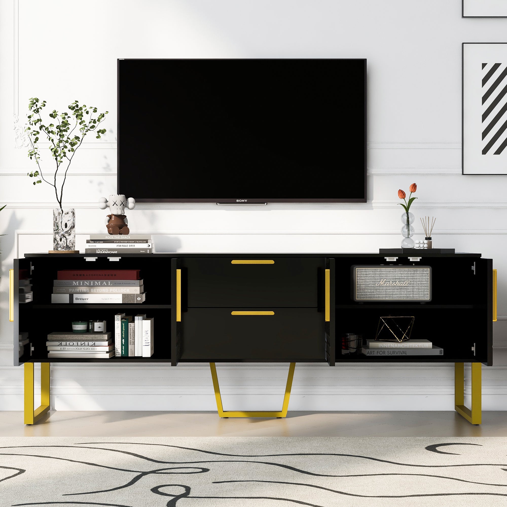 U-Can Modern TV Stand for TVs up to 75 Inches, Storage Cabinet with Drawers and Cabinets, Wood TV Console Table with Metal Legs and Handles for Living room, Black