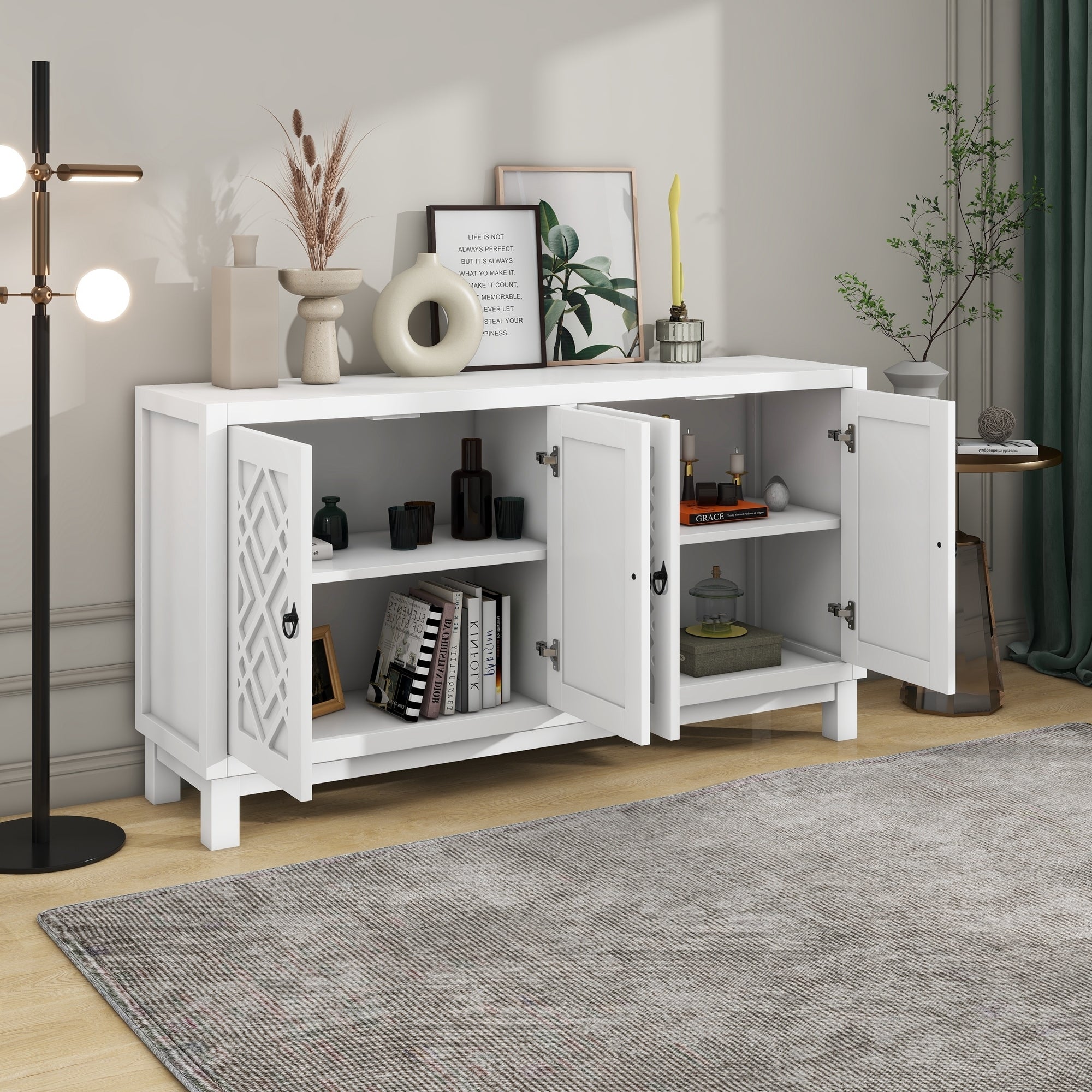 TREXM Large Storage Space Sideboard, 4 Door Buffet Cabinet with Pull Ring Handles for Living Room, Dining Room (White)