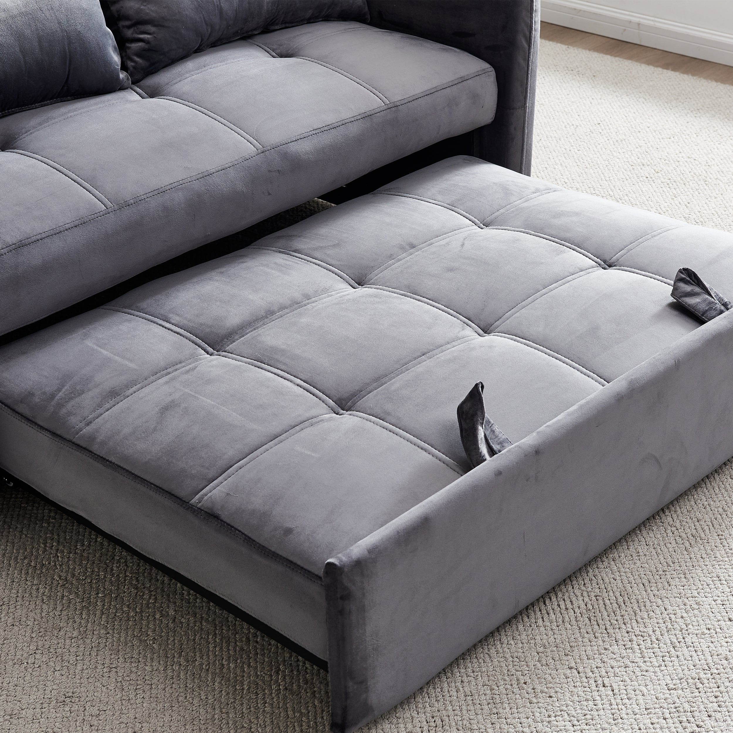 55.5" Twins Pull Out Sofa Bed  Grey Velvet