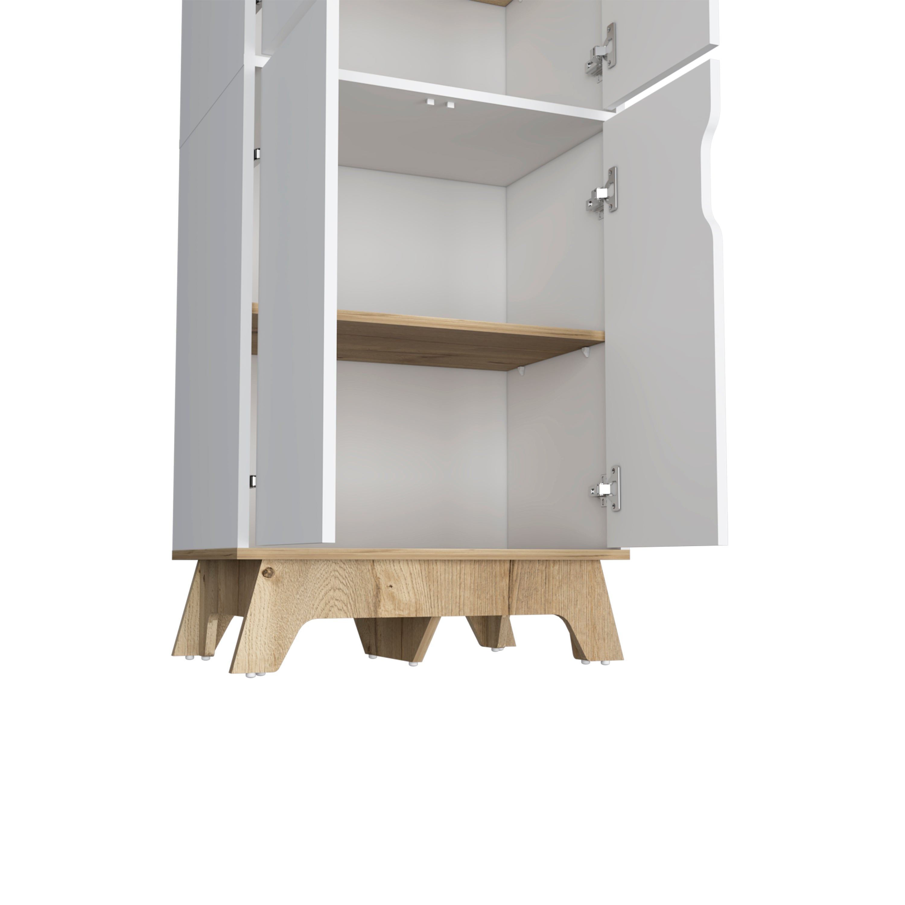 Double Kitchen Pantry Wallas, Double Door, Four Legs, Four Shelves, Light Oak / White Finish