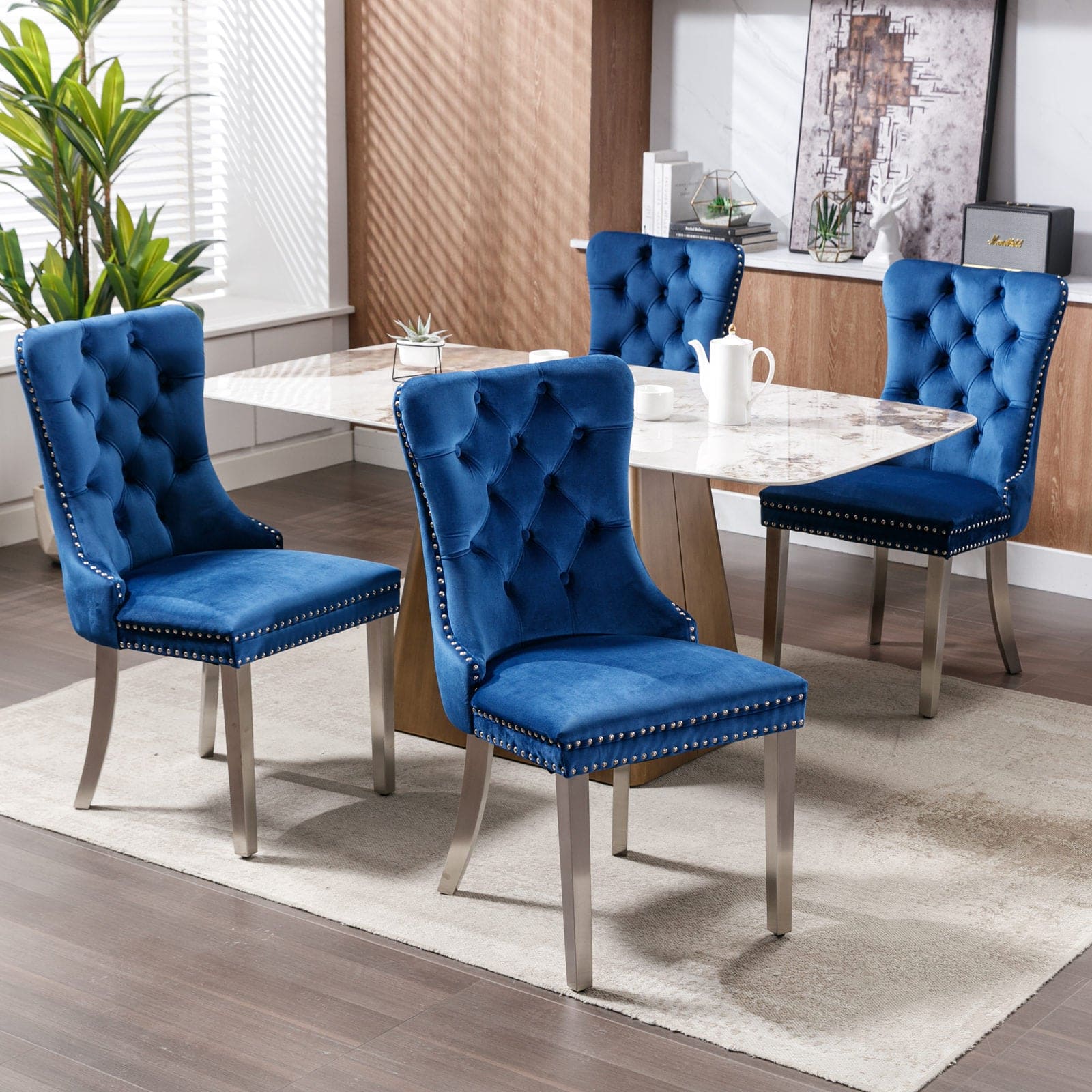 Nikki Collection Modern, High-end Tufted Solid Wood Contemporary Velvet Upholstered Dining Chair with Chrome Stainless Steel Plating Legs,Nailhead Trim,Set of 2,Blue and Chrome, SW1701BL