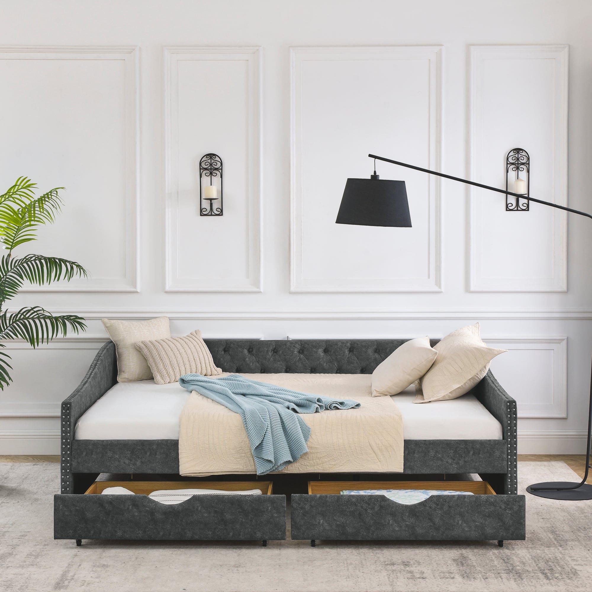 Queen Size Daybed with Drawers Upholstered Tufted Sofa Bed,,with Button on Back and Copper Nail on Waved Shape Arms, Grey (84.5"x63.5"x26.5")