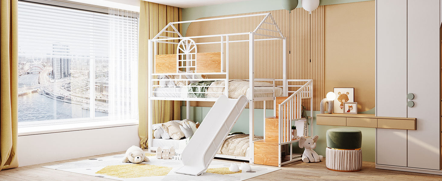 Twin Over Twin Metal Bunk Bed, Metal Housebed with Slide and Storage Stair, White with White Slide