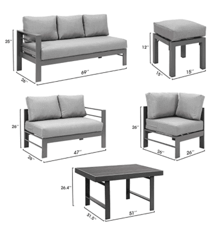 6-Pieces Outdoor Dining Set, Grey Aluminum Frame with Dark Grey Cushions