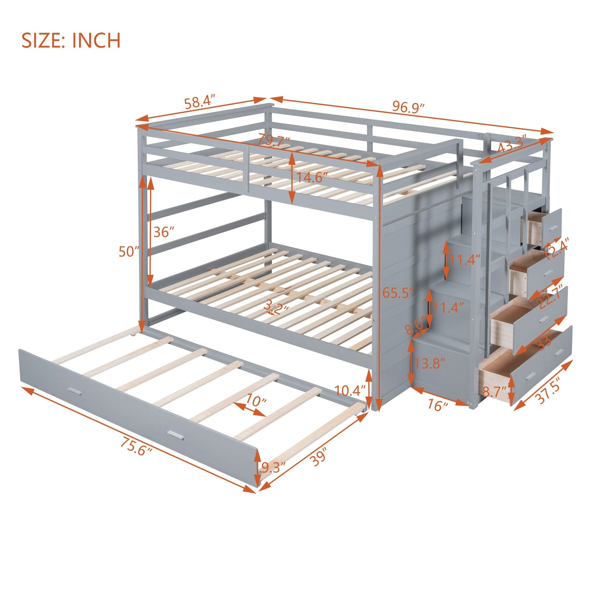 Full Over Full Bunk Bed with Twin Size Trundle and Staircase, Gray