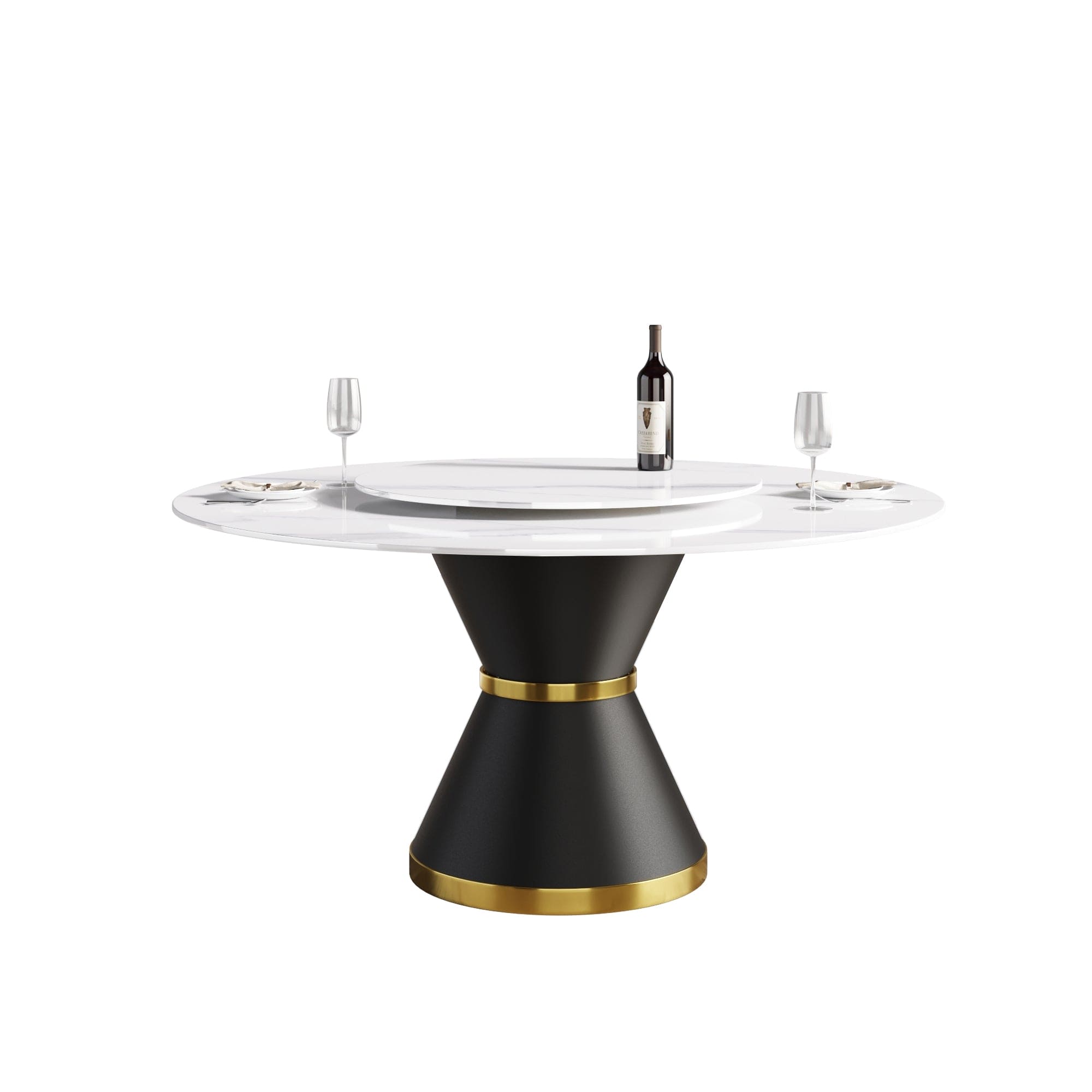 59.05"Modern artificial stone round black carbon steel base dining table-can accommodate 6 people-31.5"white artificial stone turntable