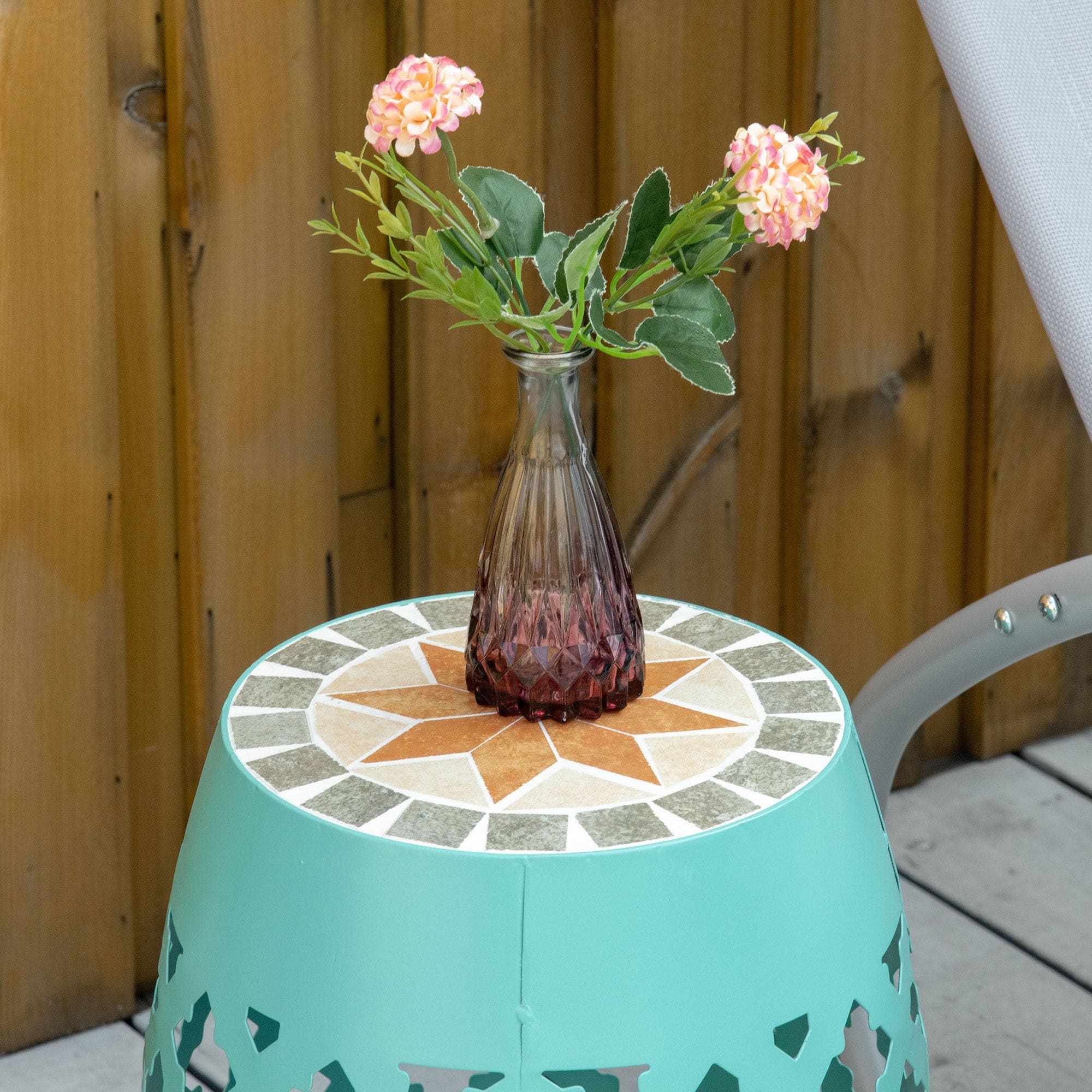 Outsunny 12" Patio Round Side Table, Outdoor Footstool, Garden Mosaic Accent Side Table, Plant Stand, Blue