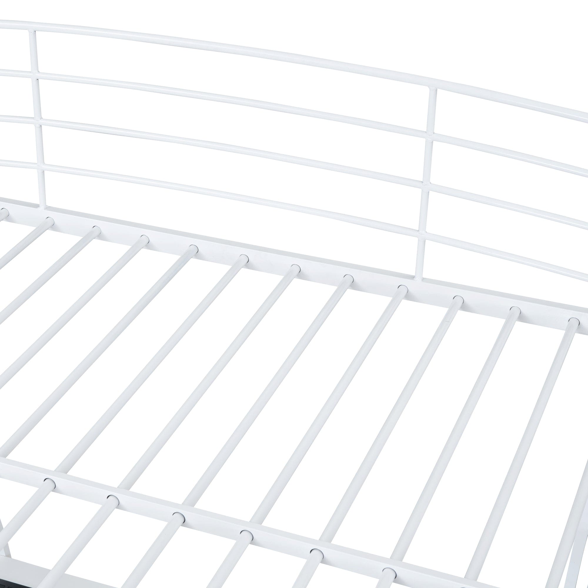 Full Size Loft Bed with 4 Layers of Shelves and L-shaped Desk, Stylish Metal Frame Bed with a set of Sockets, USB Ports and and Wireless Charging, White