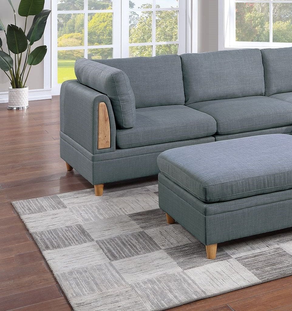 Contemporary Living Room Furniture 6pc Modular Sectional Set Steel Dorris Fabric Couch 2x Wedges 2x Armless Chair And 2x Ottomans