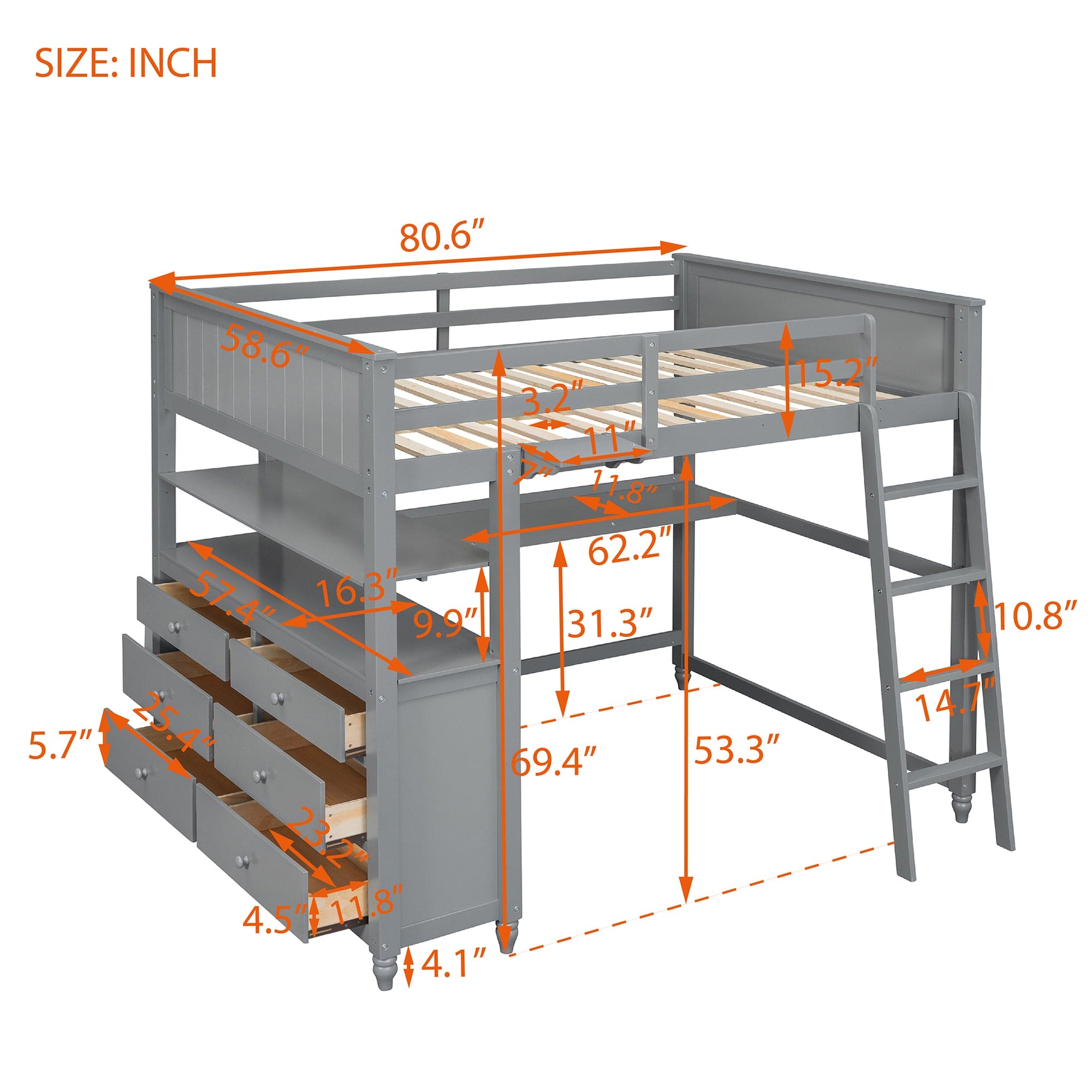 Full size Loft Bed with Drawers and Desk, Wooden Loft Bed with Shelves - Gray(OLD SKU:LT001529AAE)