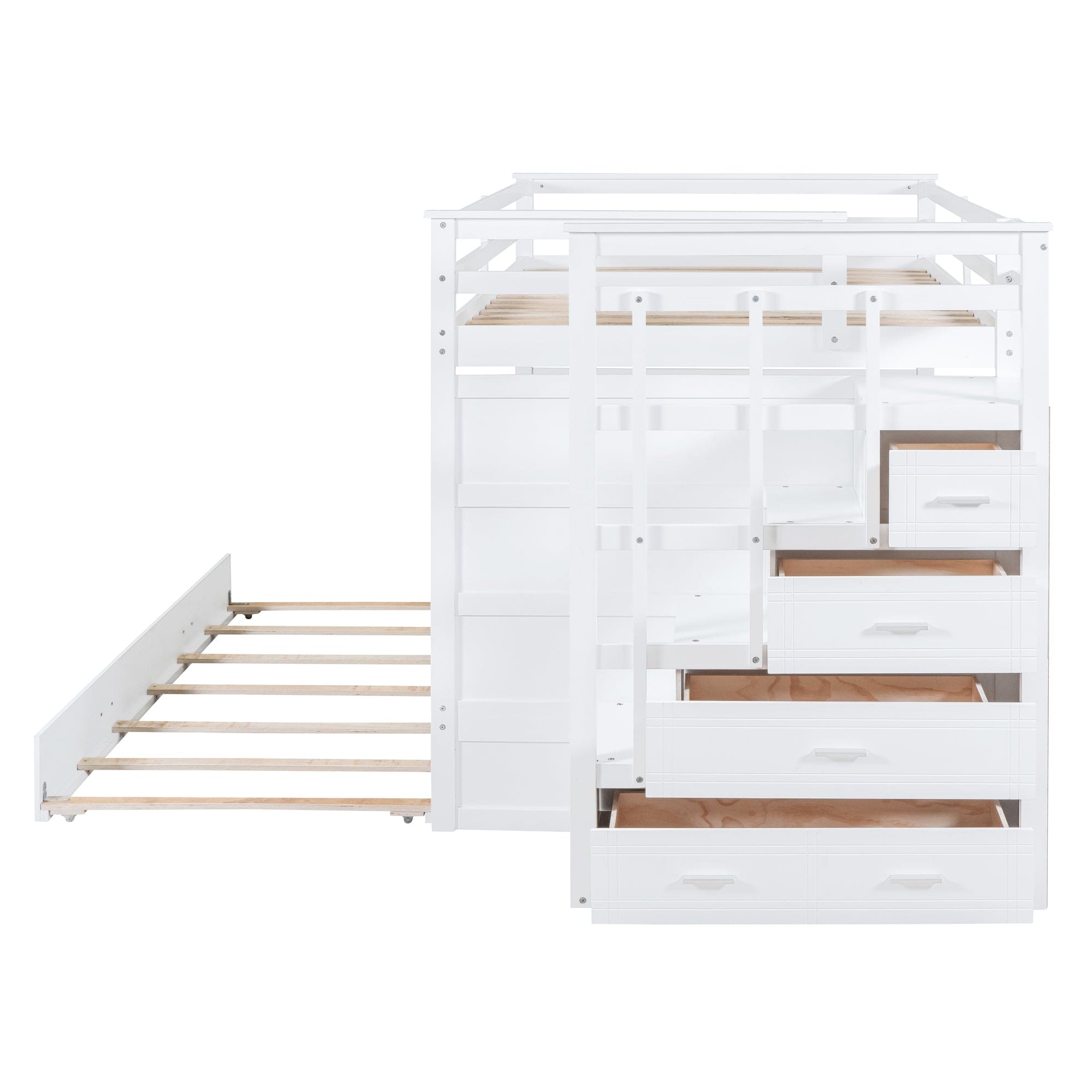 Full Over Full Bunk Bed with Twin Size Trundle and Staircase, White