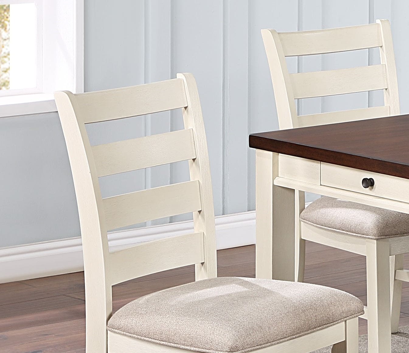 Gorgeous Classic Dining Room Furniture 7pc Dining Set Dining Table w Drawers 6x Side Chairs White Rubberwood Walnut Acacia Veneer Ladder Back Chair