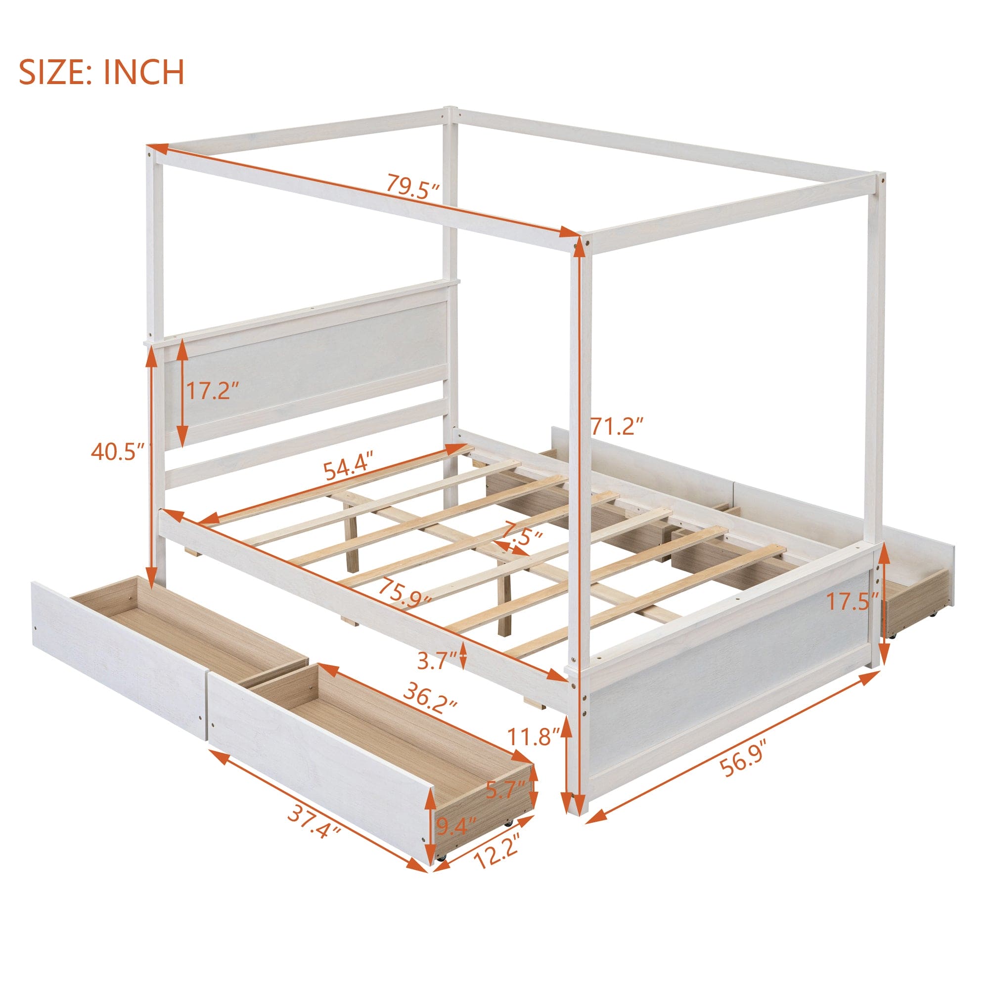 Wood Canopy Bed with four Drawers ,Full Size Canopy Platform Bed With Support Slats .No Box Spring Needed, Brushed White