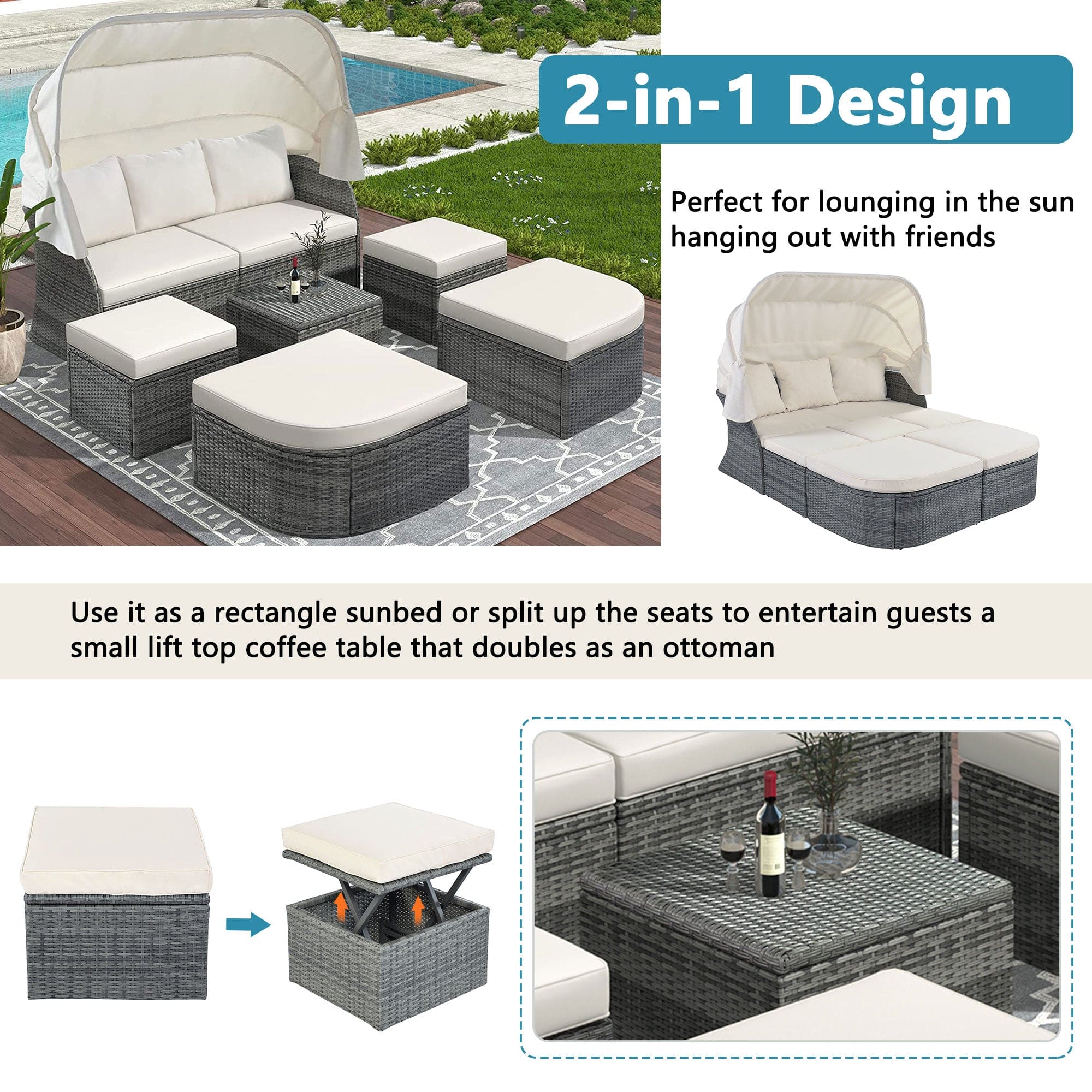 U_STYLE Outdoor Patio Furniture Set Daybed Sunbed with Retractable Canopy Conversation Set Wicker Furniture (As same as WY000281AAE)