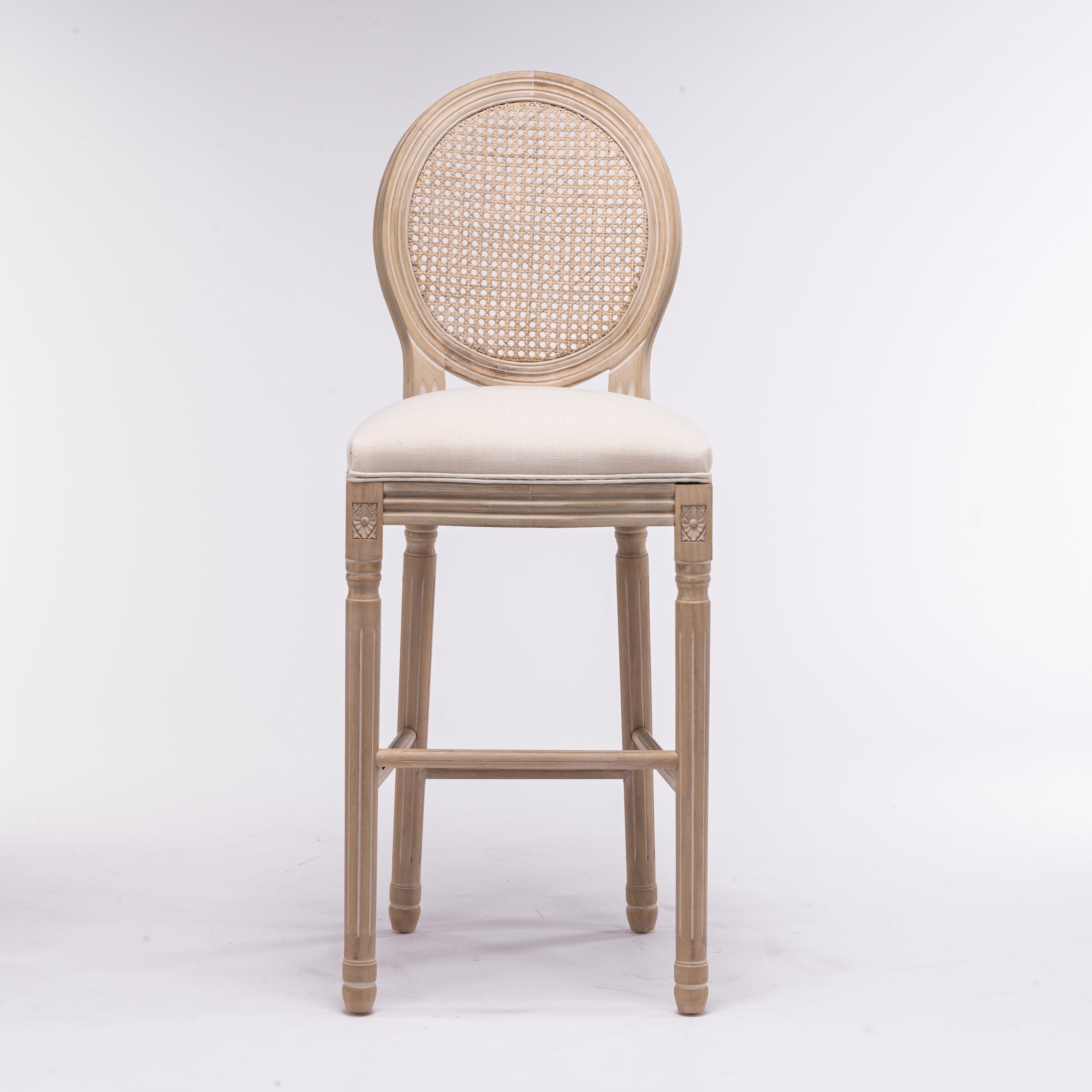 French Country Wooden Barstools Rattan Back With Upholstered Seating , Beige and Natural ,Set of  2