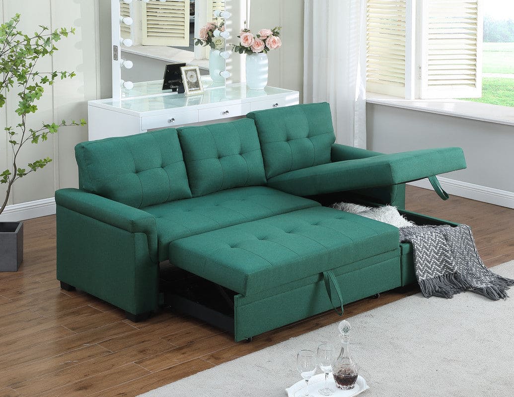 Lucca Green Linen Reversible Sleeper Sectional Sofa with Storage Chaise