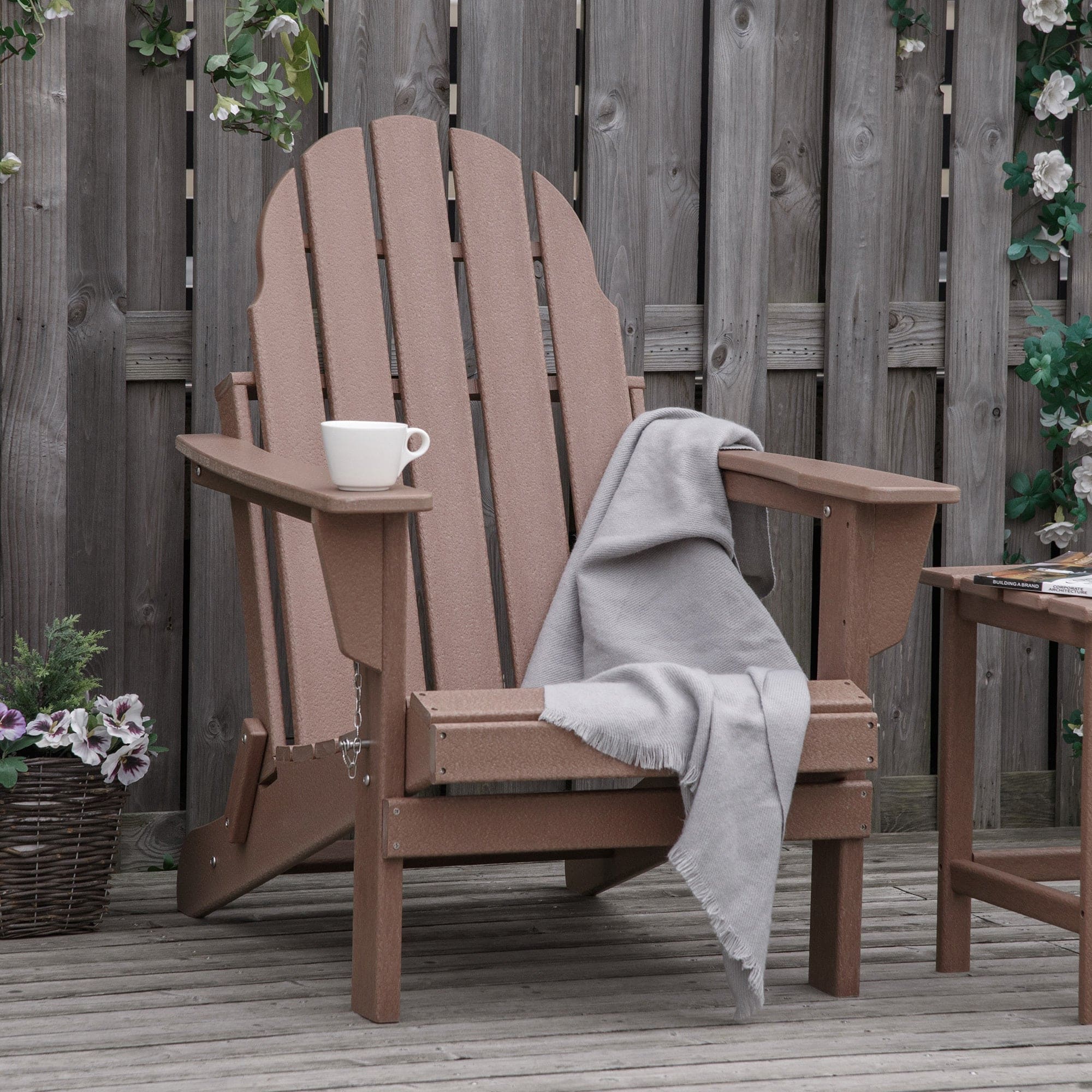 Outsunny Folding Adirondack Chair, Faux Wood Patio & Fire Pit Chair, Weather Resistant HDPE for Deck, Outside Garden, Porch, Backyard, Brown