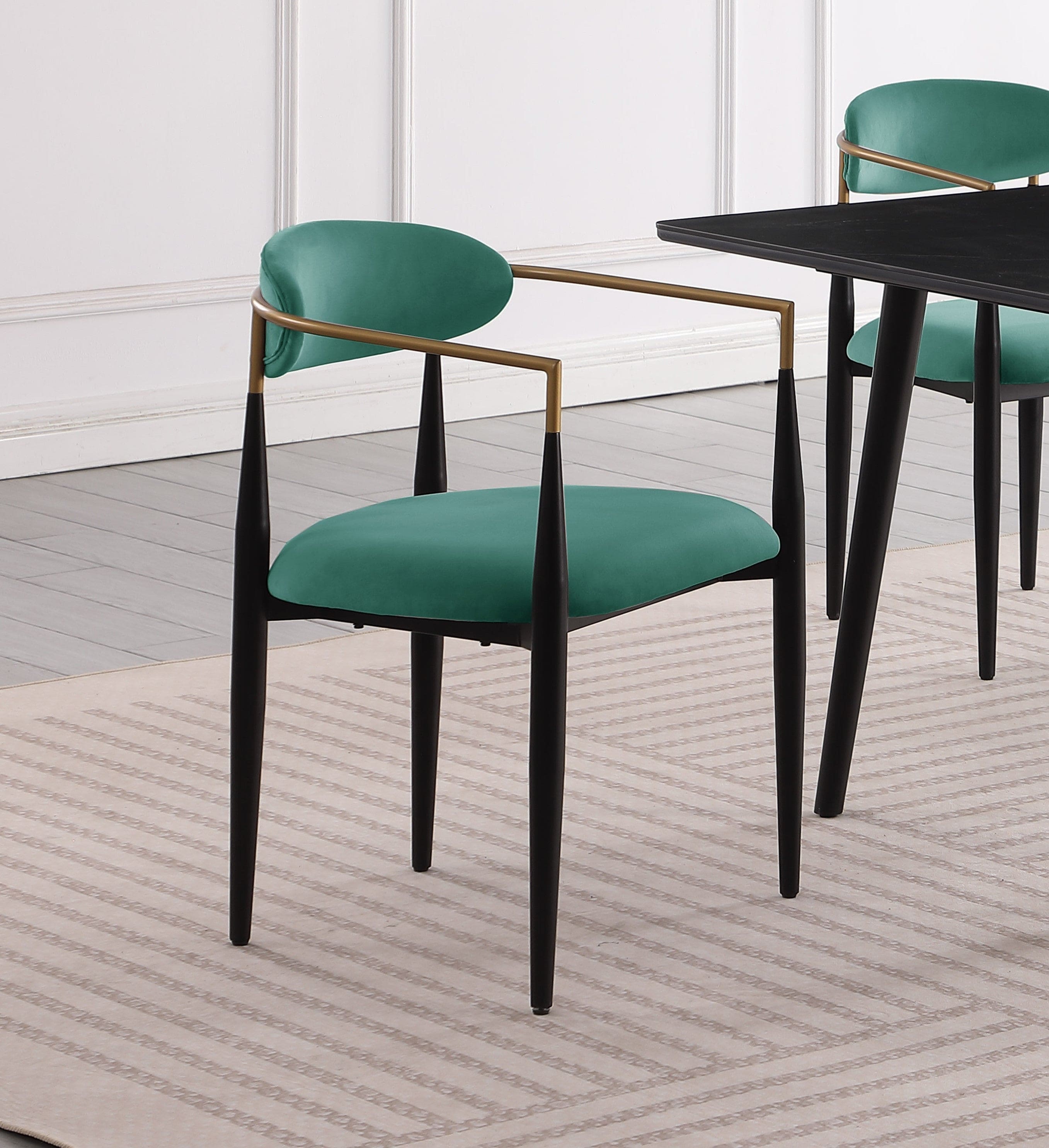 Modern Contemporary 5pc Dining Set Black Sintered Stone Table and Green Chairs Fabric Upholstered Stylish Furniture