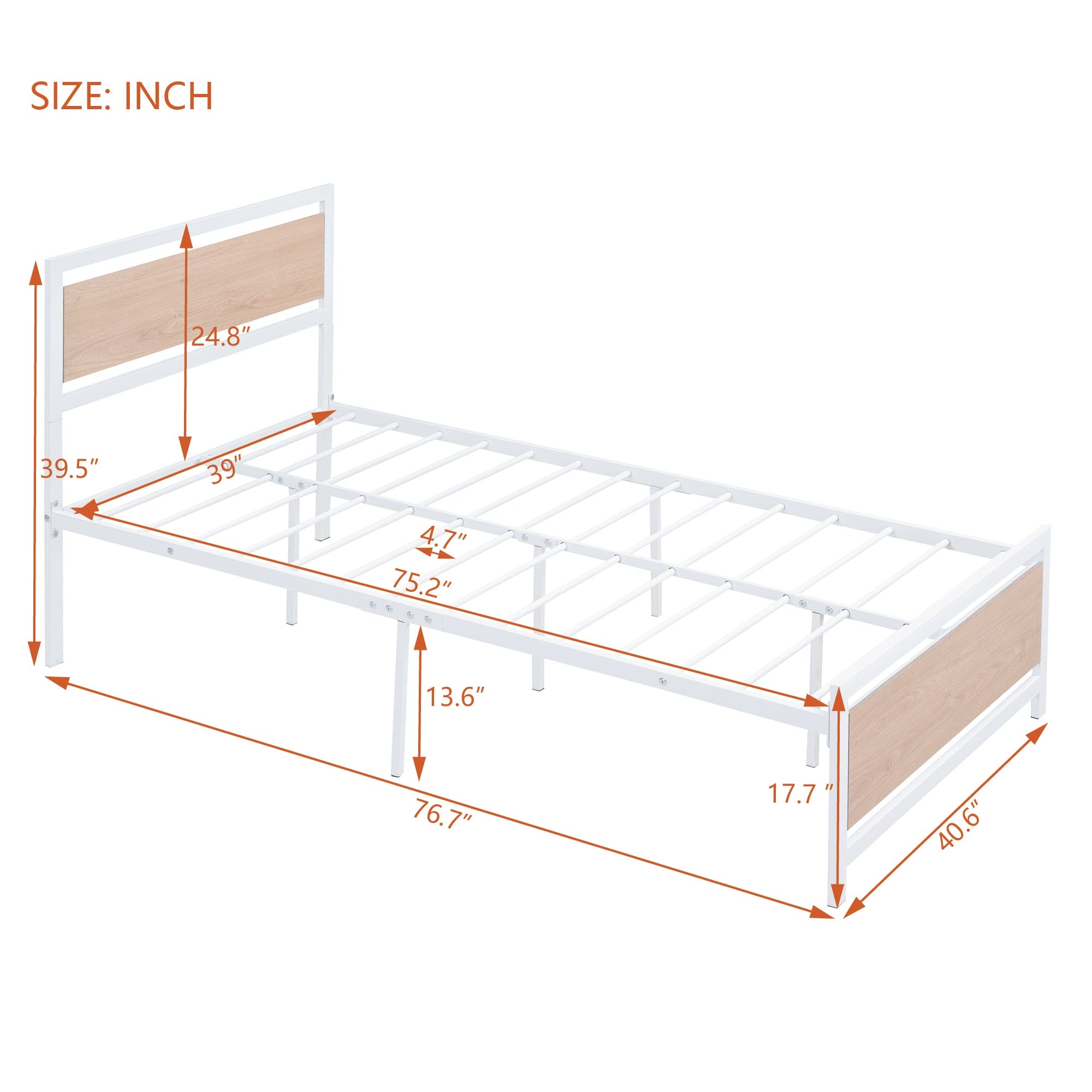 Twin Size Platform Bed, Metal and Wood Bed Frame with Headboard and Footboard , White