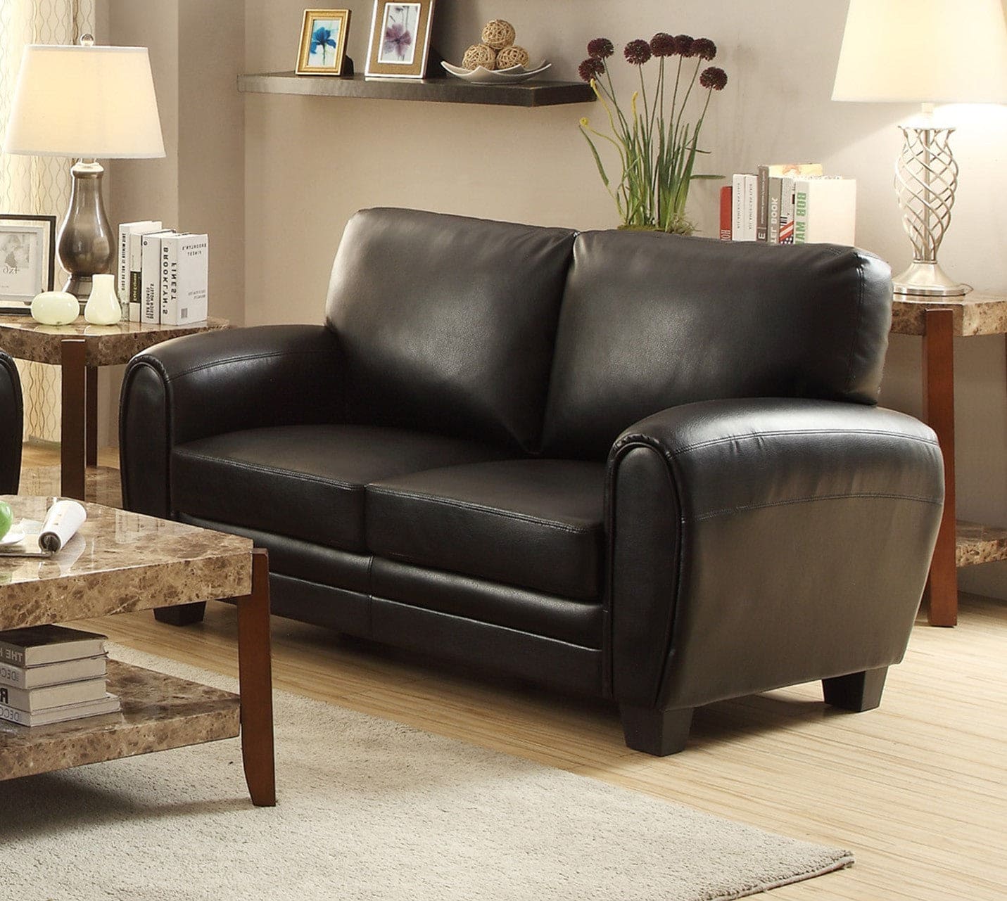 Modern Living Room Furniture 1pc Loveseat Black Faux Leather Covering Retro Styling Furniture