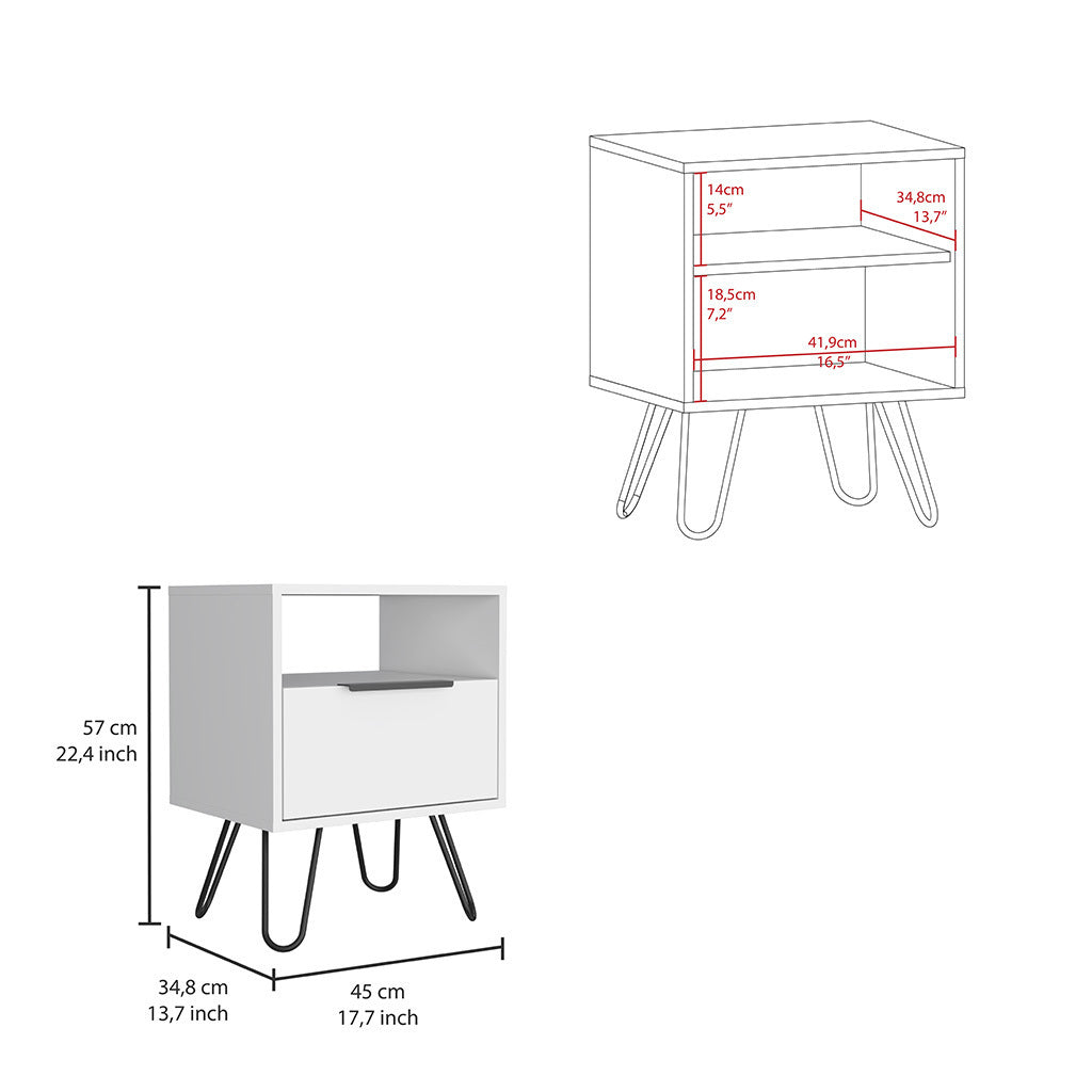 Nightstand Skyoner, Single Drawer, Hairpin Legs, White Finish