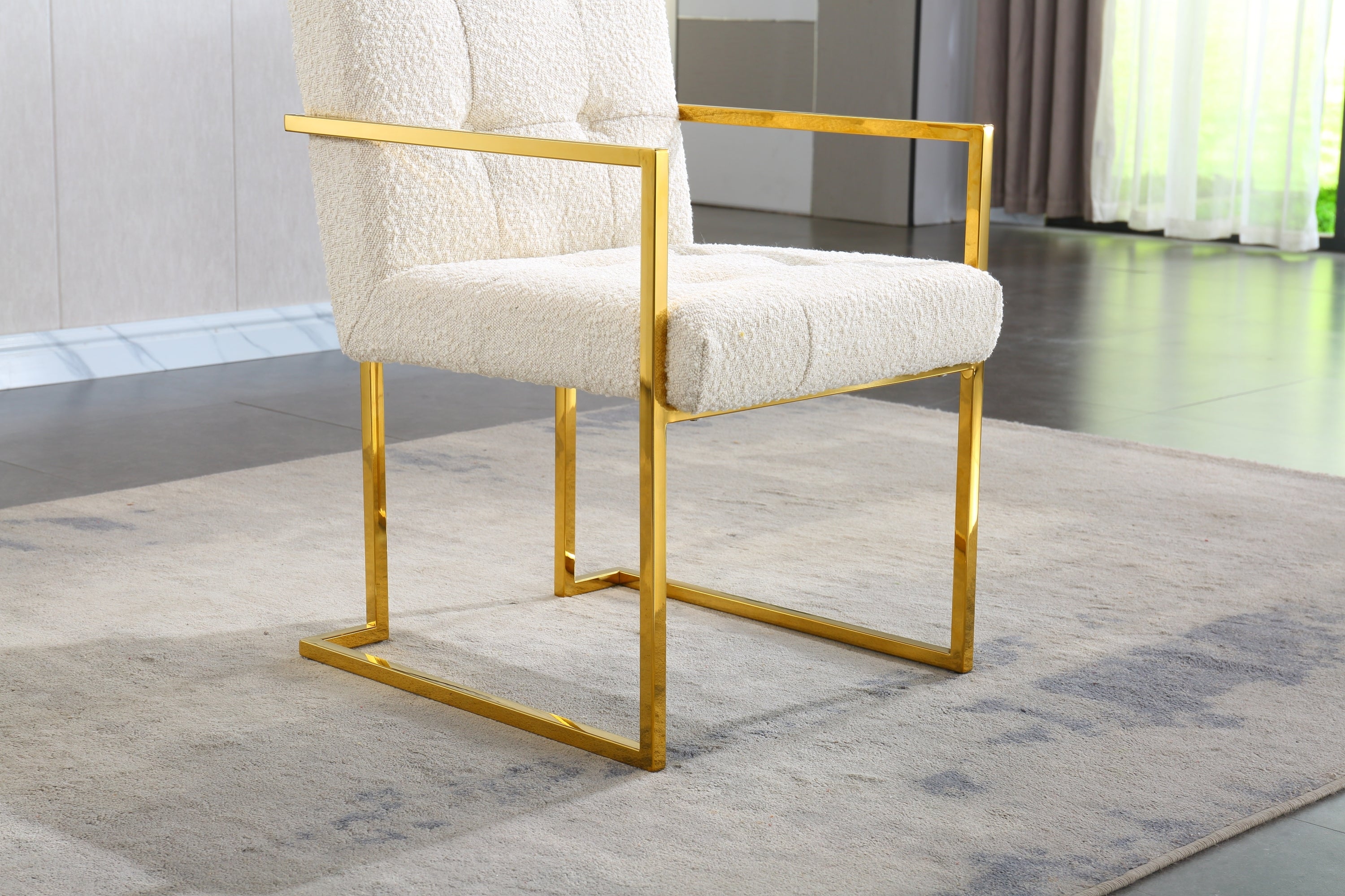 Modern Linen Dining Arm Chair Set of 1, Tufted Design and Gold Finish Stainless Base