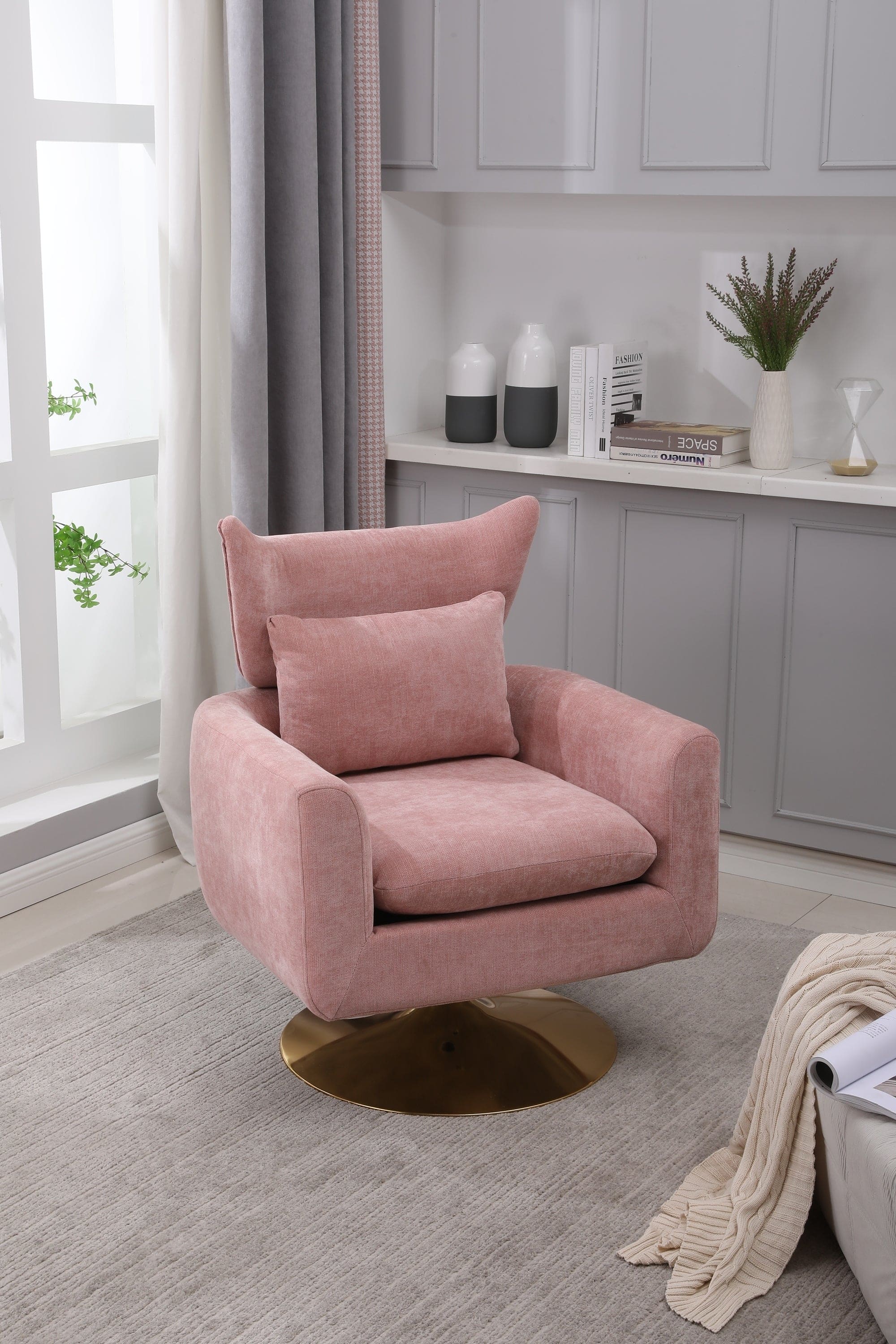 Classic Mid-Century 360-degree Swivel  Accent Chair, Pink Linen