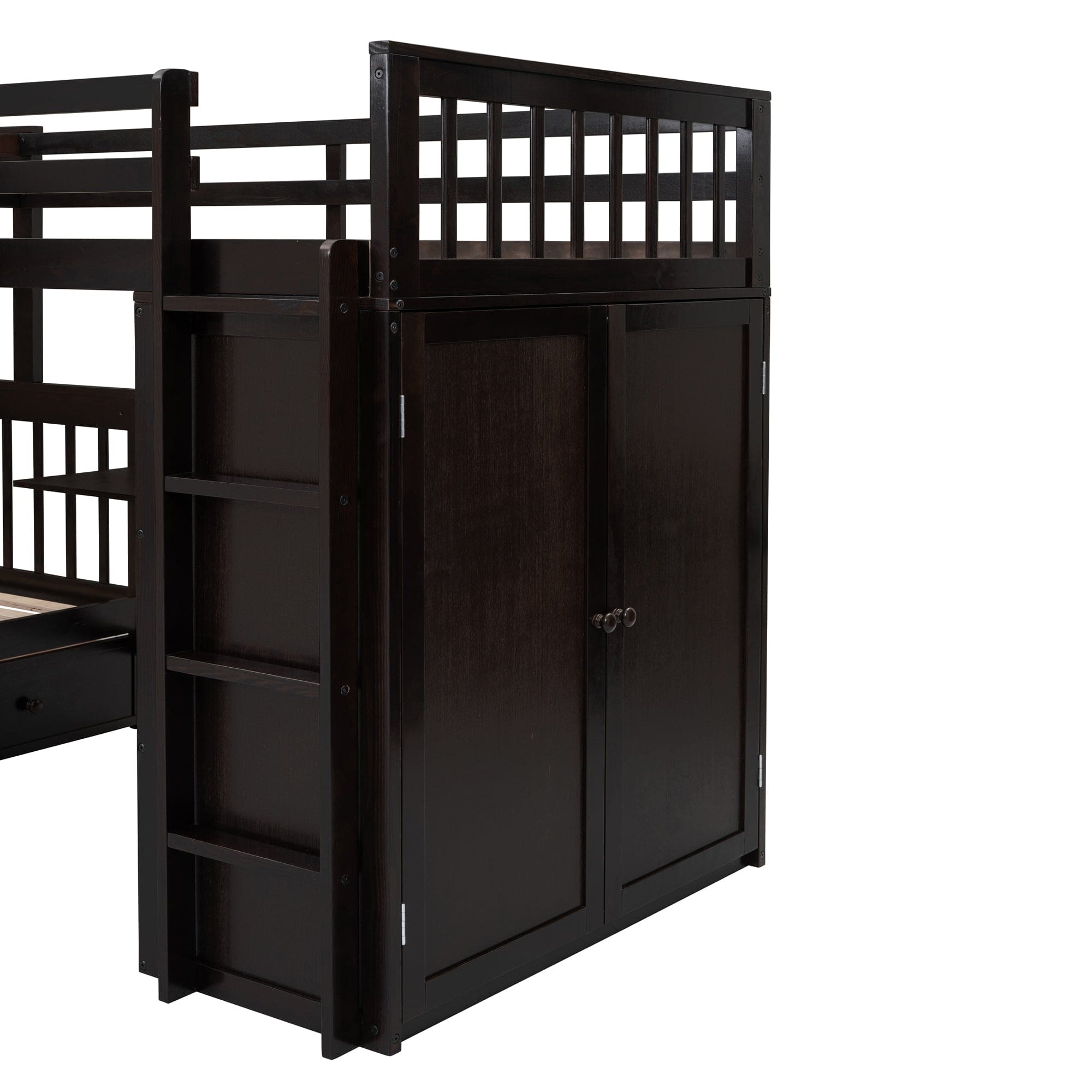 Twin-Twin over Full L-Shaped Bunk Bed With 3 Drawers, Portable Desk and Wardrobe, Espresso