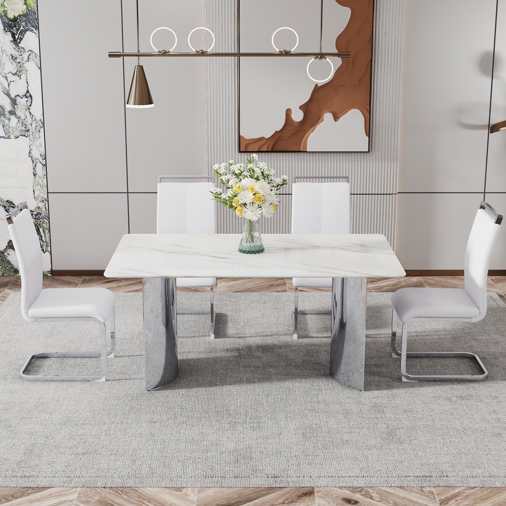 Modern minimalist dining table. White imitation marble glass sticker desktop, stainless steel legs, stable and beautiful. Suitable for living room and dining room  63" *35.4" *29.5"   DT-69