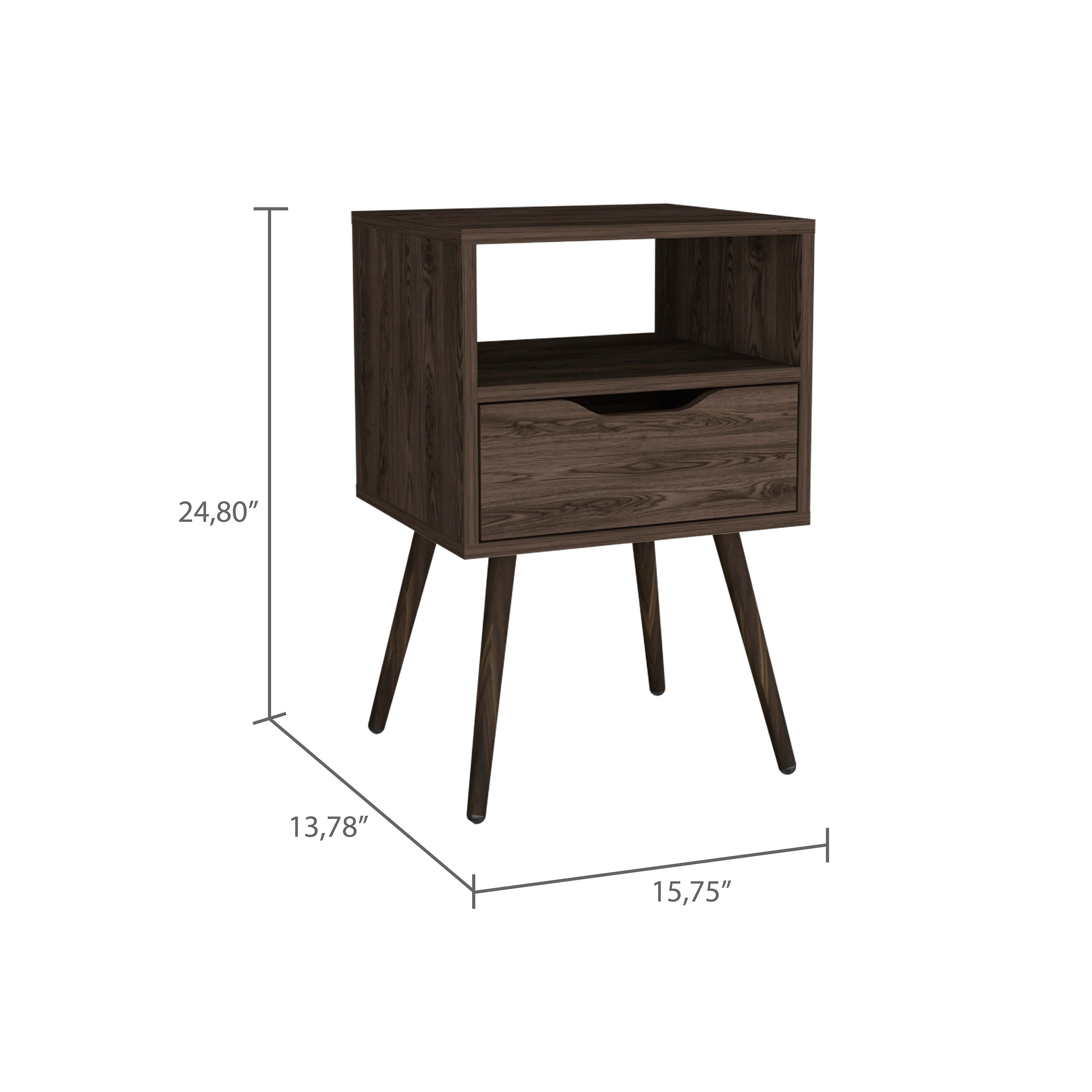 Otom Nightstand , Superior Top, One Open Shelf, One Drawer, Four Legs -Dark Walnut