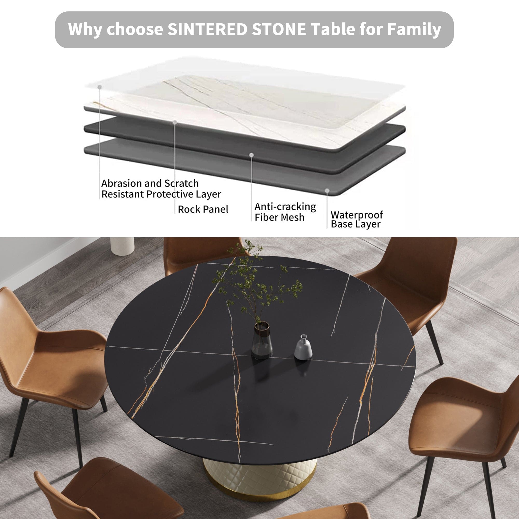 59.05"Modern artificial stone round white carbon steel base dining table-can accommodate 6 people