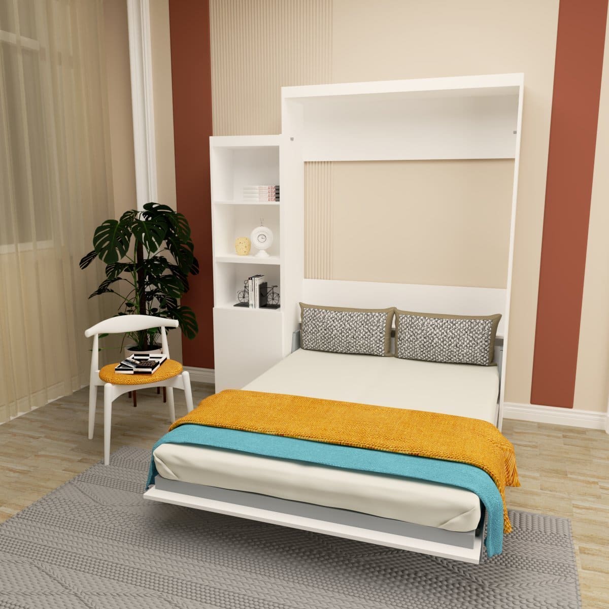 Queen  Size Morden Deisgn Full Size Vertical Murphy Bed with Shelf and Drawers for Bedroom or Guestroom White Wall Bed Space Saving Hidden Bed with New Style Gas Struts