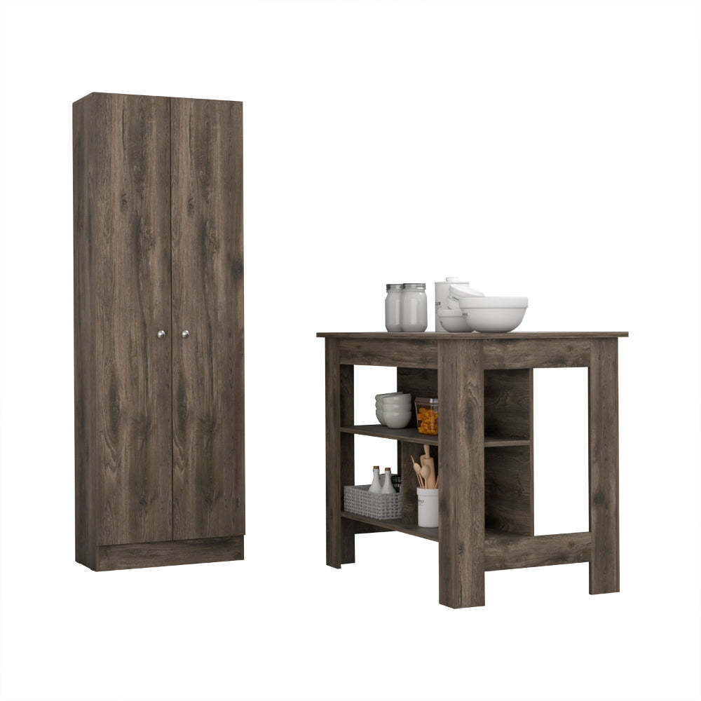 Brookvale 8-Shelf 2-Door 2-piece Kitchen Set, Kitchen Island and Pantry Cabinet Dark Brown