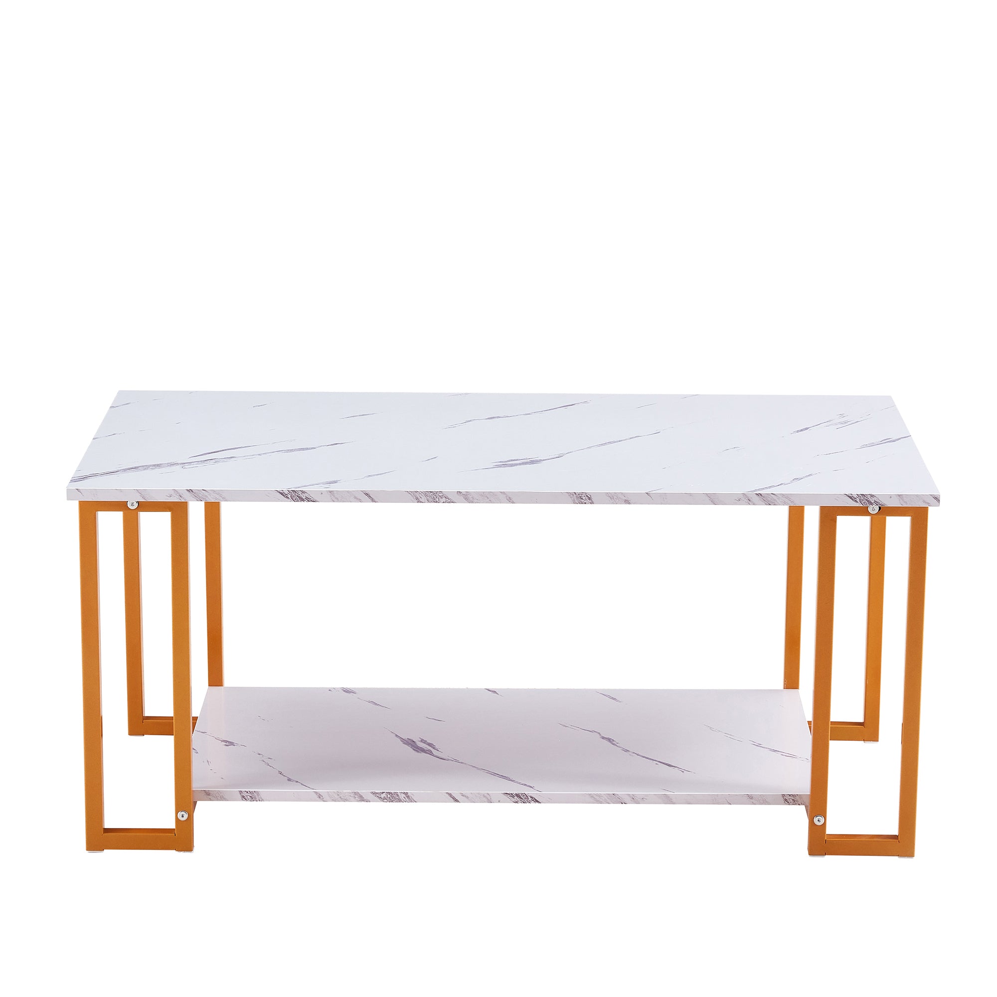 D&N Coffee Table, 2 Layers 1.5cm Thick Marble MDF Rectangle 39.37" L Tabletop Iron Coffee Table , Dining Room, Coffee Shop, Resterant, White Top, Gold Leg