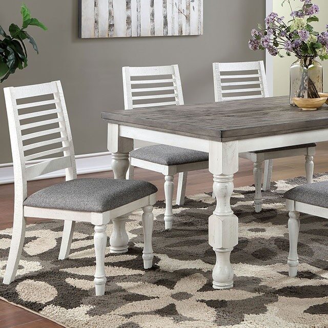 Majestic Rustic 2pc Dining Chairs Only Antique White Solid wood Gray Fabric Cushions Two-tone Turned Legs Chair Dining Room Furniture