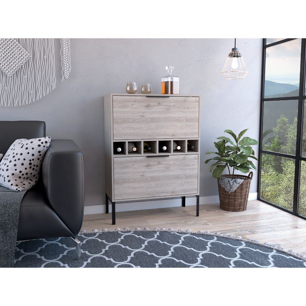 Bar Cabinet Puertu, Six Wine Cubbies, Double Door Cabinet, Light Gray Finish