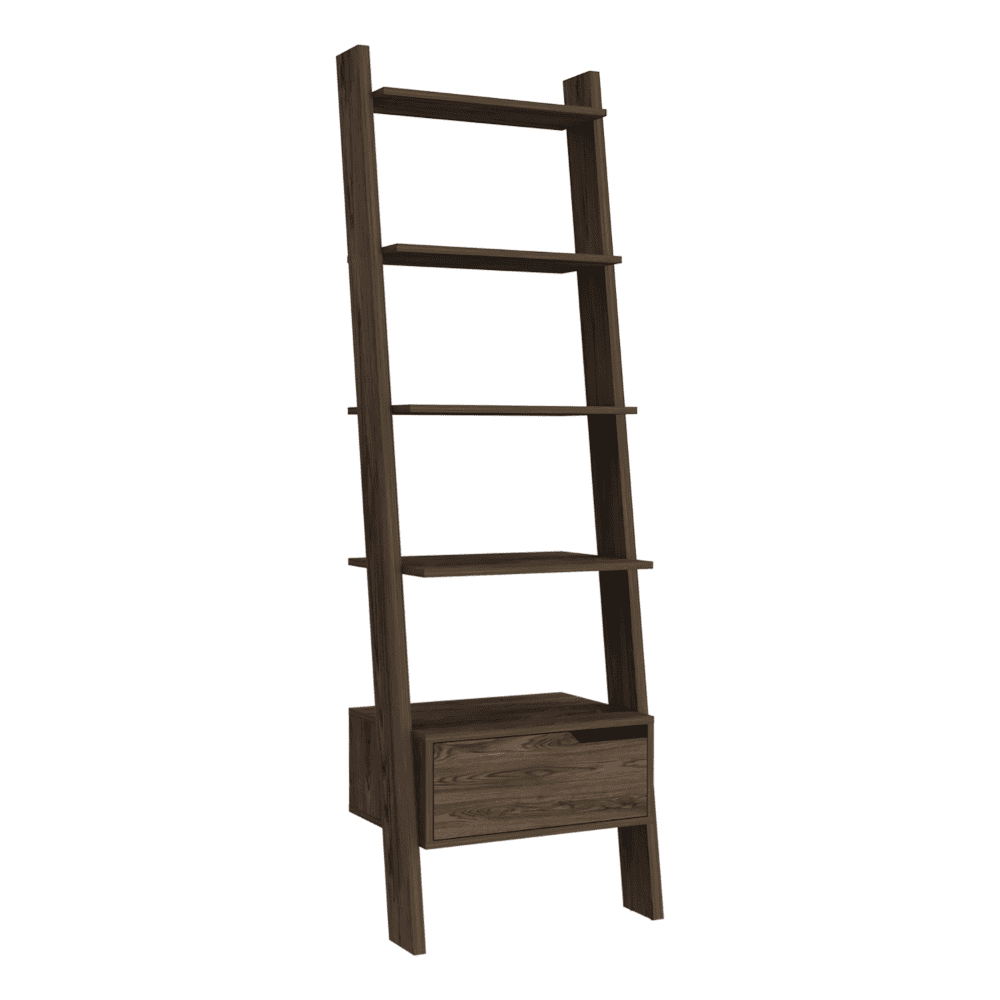 Ladder Bookcase Bull, One Drawer, Five Open Shelves, Dark Walnut Finish