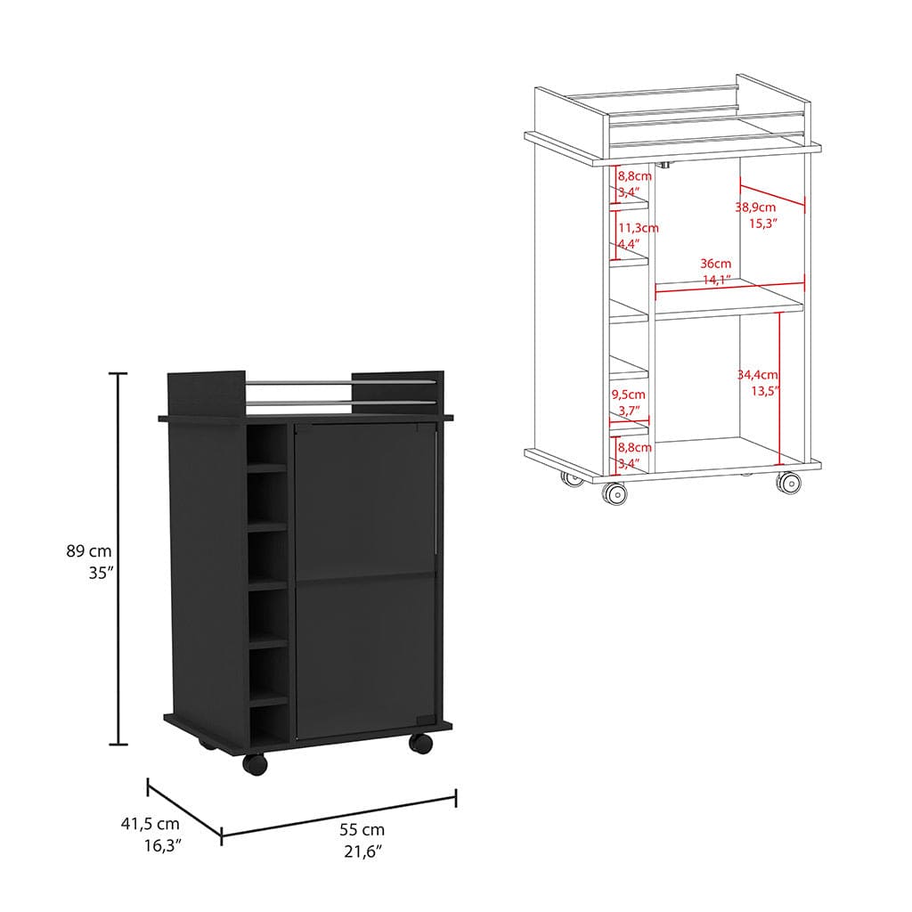 Bar Cart Baltimore, Two Tier Cabinet With Glass Door, Six Wine Cubbies, Black Wengue Finish