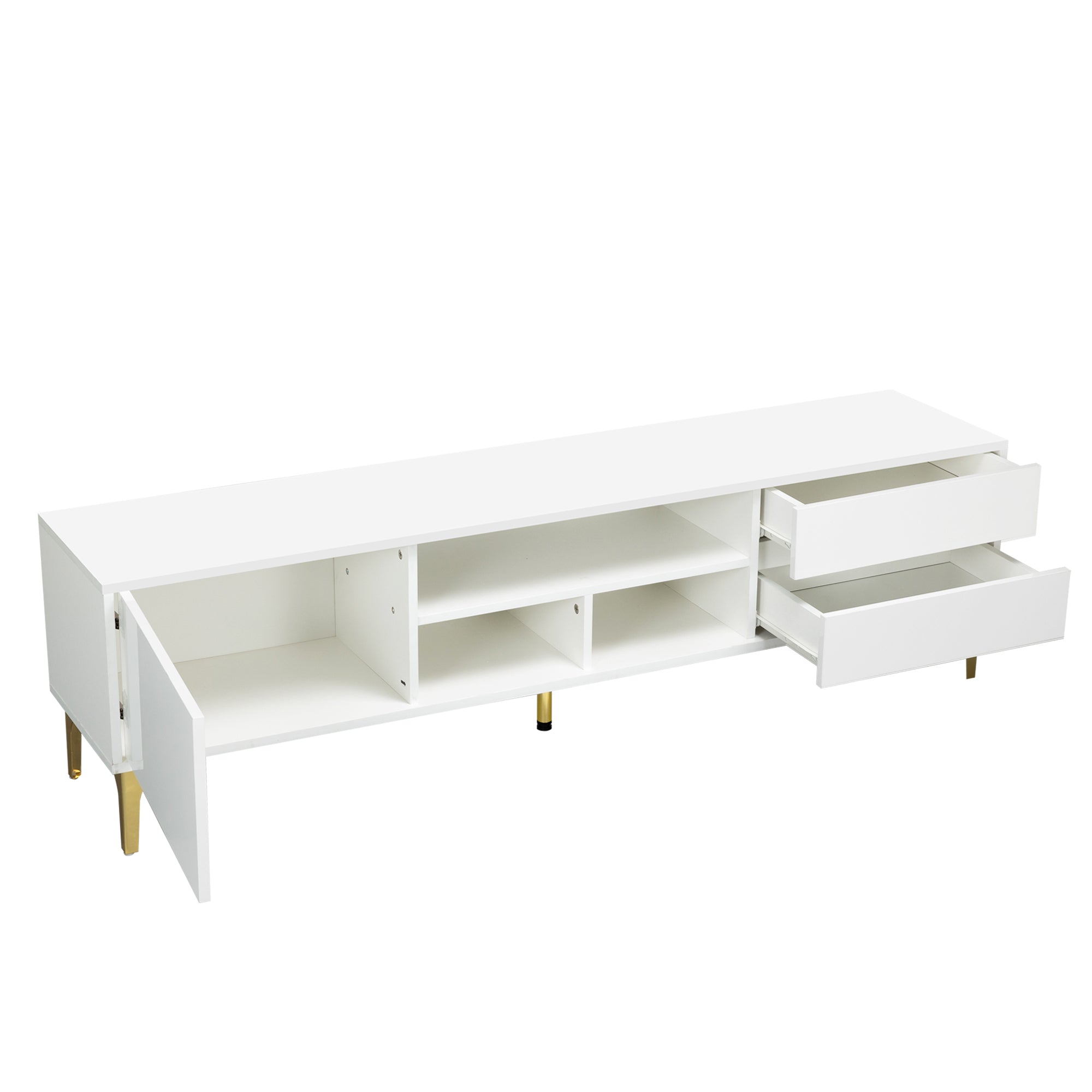 TV stand,TV Cabinet,entertainment center,TV console,media console,with LED remote control lights,UV bloom drawer panel,gold metal table legs, can be placed in the living room, bedroom, color: white